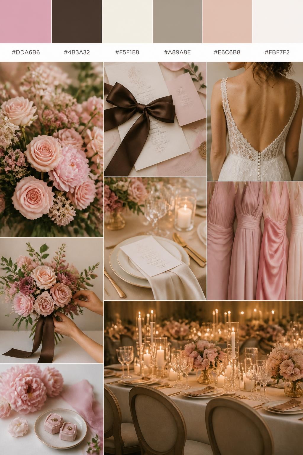 Image Prompt:
A realistic pink wedding color palette mood board with a top strip of swatches and small hex codes in soft pink, espresso brown, ivory, warm taupe, blush nude, and cream. Below, show a cohesive collage of soft pink flowers, espresso ribbon, ivory table linens, stationery with silk ribbon, a back-view bridal detail, cropped bridesmaid dress fabric shots, hands-only bouquet styling, and a romantic reception table under warm glowing light. Keep faces out of frame using side angles, back views, close-up crops, and no-people scenes. The overall mood should feel soft, warm, romantic, and elegant with realistic DSLR photo quality. 9:16 vertical format. (no watermarks on images)