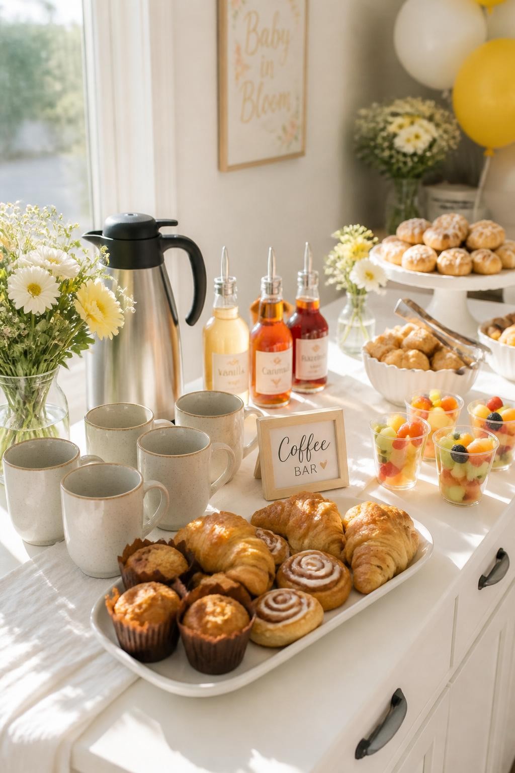 A realistic DSLR photo of a bright baby shower brunch coffee bar, long white buffet table with coffee carafe, cream mugs, glass syrup bottles, mini croissants, cinnamon rolls, muffins, fresh fruit cups, soft yellow flowers, white linen runner, warm morning sunlight, airy cheerful baby shower styling, no people.