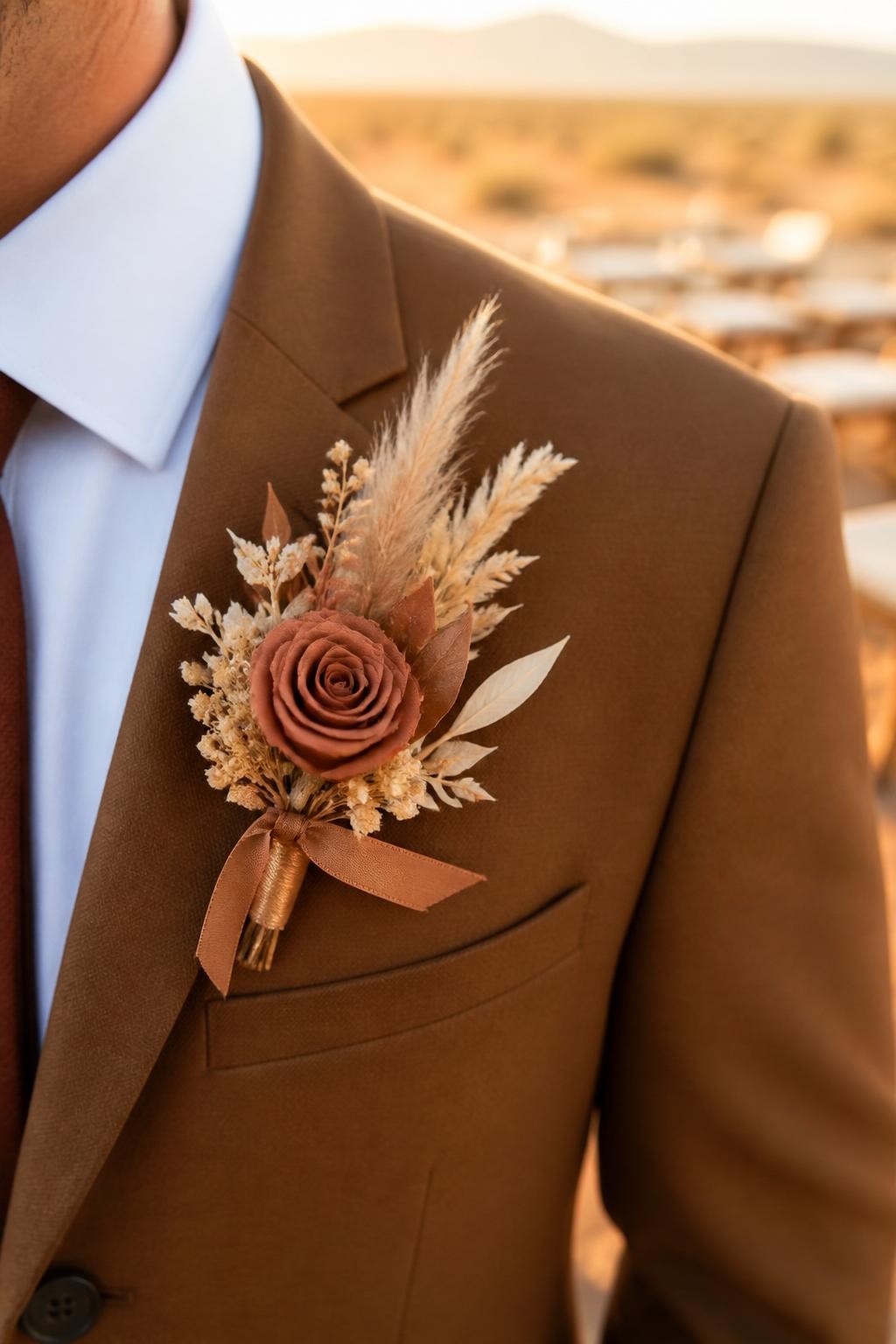 Realistic DSLR photo of a terracotta rosebud boutonniere pinned to a warm brown suit, paired with mini pampas grass, dried beige florals, and caramel silk ribbon, outdoor desert-inspired fall wedding setting, soft sunset glow, blurred ceremony chairs in the background.