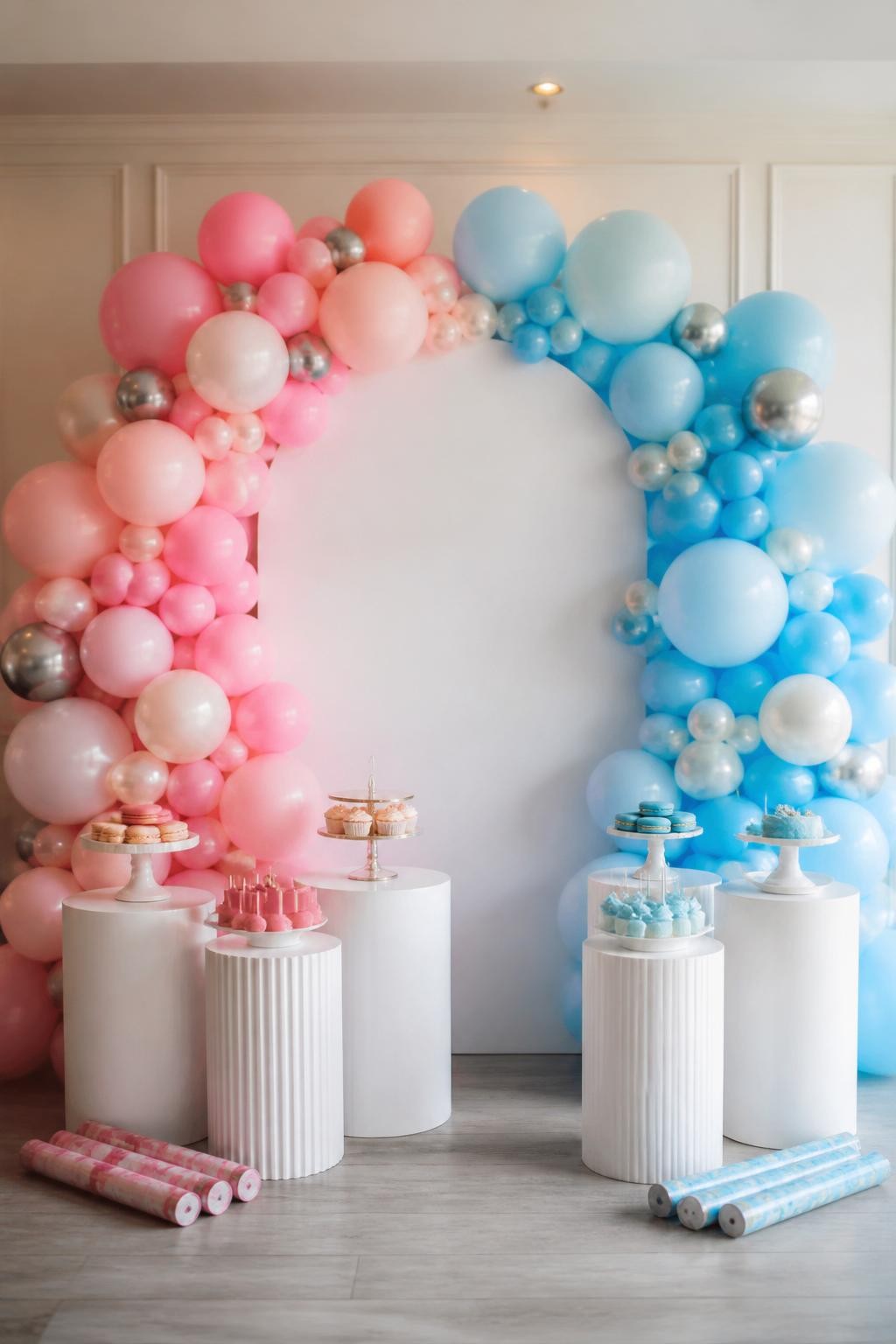 Image Prompt:
A single realistic photo of a bold split-color gender reveal backdrop with the left side decorated in layered blush pink balloons and the right side decorated in baby blue balloons, a clean white center arch panel, silver and pearl balloon accents, low white plinths with desserts in front, confetti cannons placed neatly on the floor as props, bright indoor event space, no people, no faces, realistic party photography, no text, no watermark.