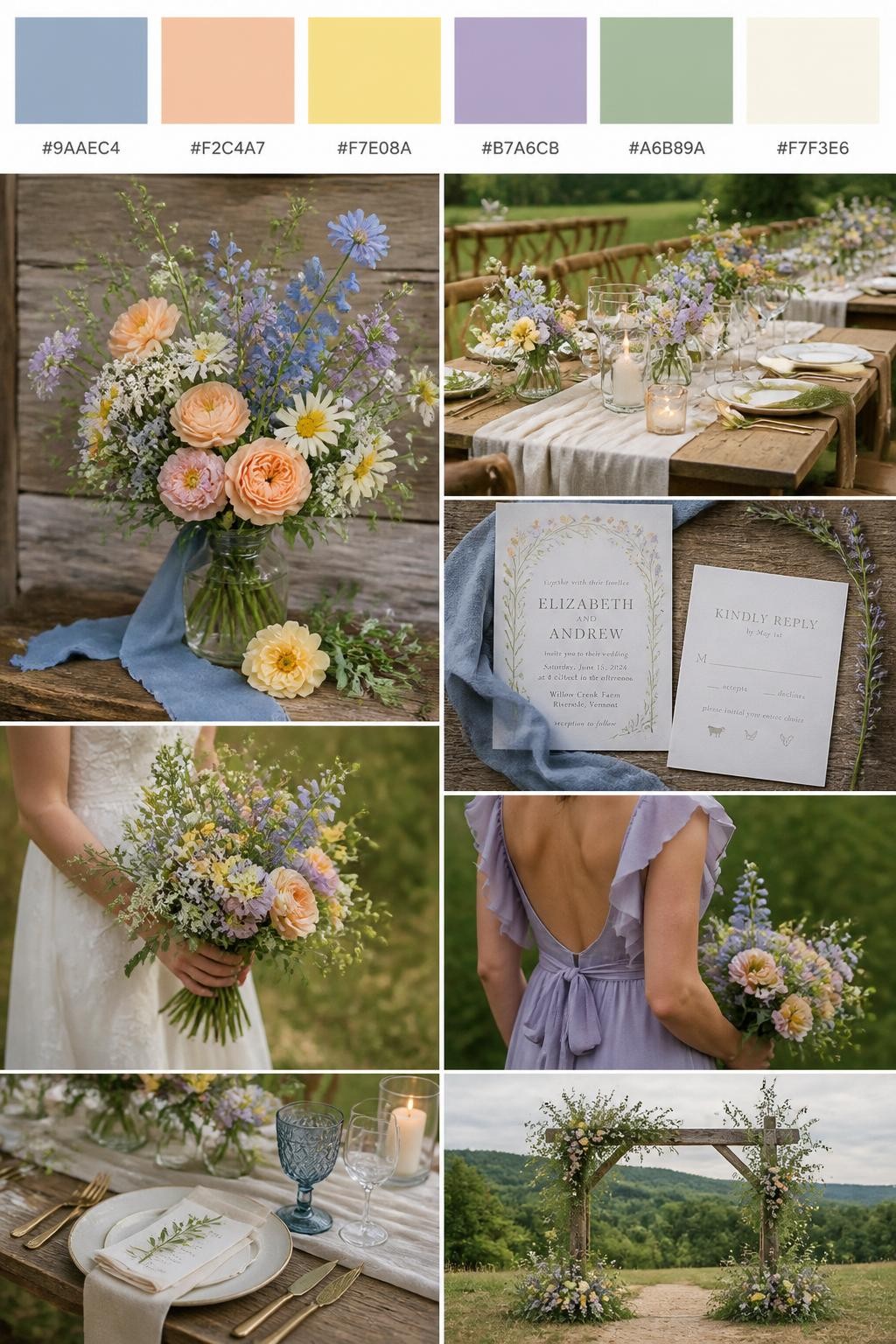 Image Prompt:
A realistic Pinterest-style wedding palette board with a top row of swatches and hex codes in dusty blue, soft peach, butter yellow, muted lavender, sage green, and cream. Below the swatches, create a polished rustic wedding collage with mixed wildflower bouquets, cream table linens, wooden tables, soft candles, colorful stationery, a side-view bouquet shot, a bridesmaid dress detail cropped below the shoulders, and a no-people outdoor rustic reception setup with meadow-style florals. Use varied no-face compositions, including hands-only details, back-view styling, side-view crops, and no-people decor scenes. DSLR photo realism, 9:16 vertical format. (no watermarks on images)