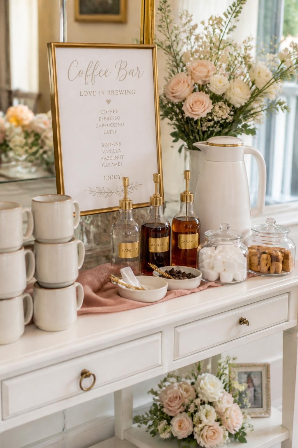 A realistic DSLR photo of an elegant bridal shower coffee bar on a white console table, blush pink table runner, cream ceramic mugs stacked neatly, glass syrup bottles with small gold labels, white coffee carafe, clear jars of sugar cubes and biscotti, low blush and ivory flower arrangements, soft daylight from a nearby window, warm feminine party styling, no people, editorial home event photography.