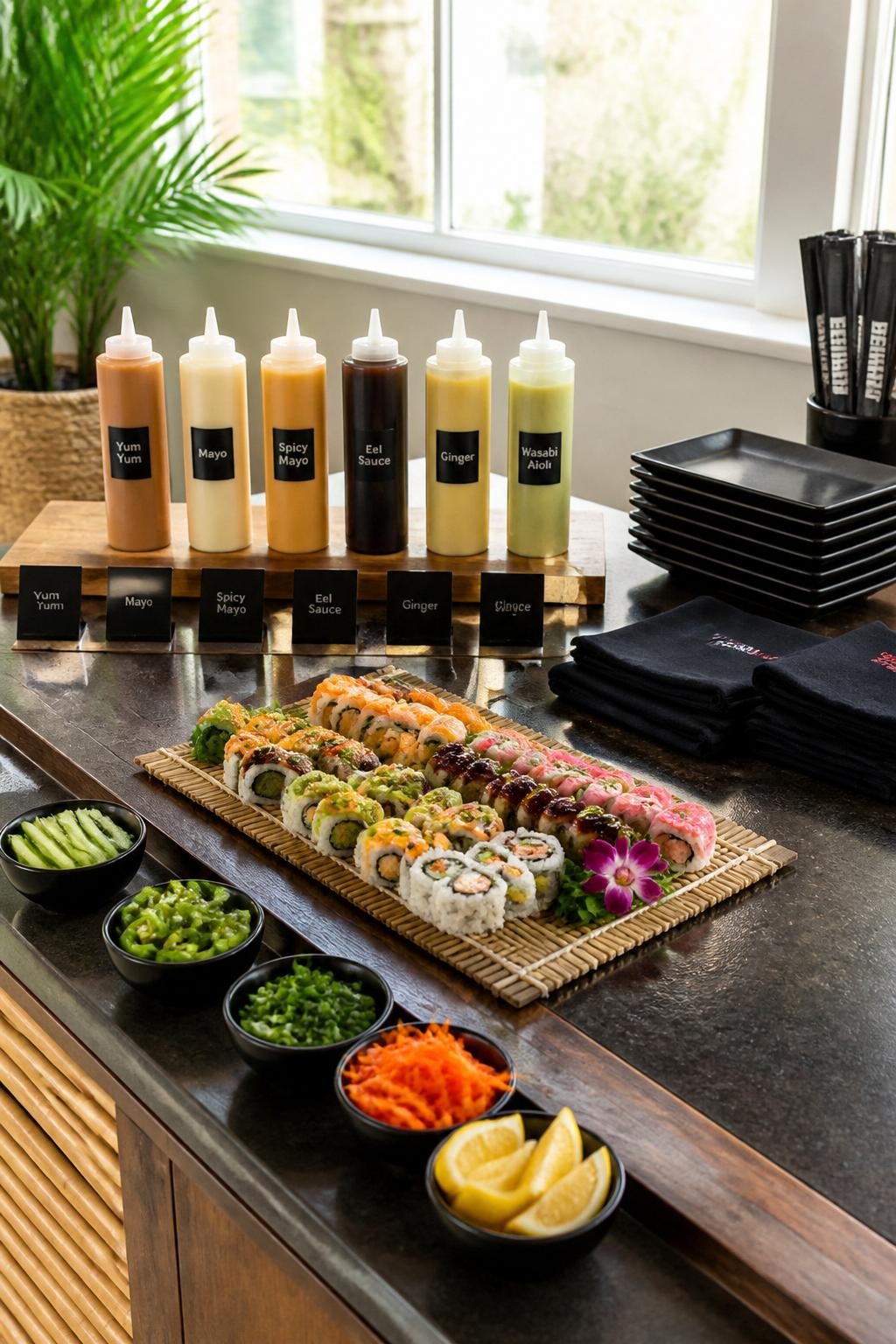 Image Prompt:
A realistic DSLR photo of a sleek hibachi party side station with neatly arranged sauce bottles, sushi platters, ceramic trays, black labels, bamboo accents, folded napkins, and fresh garnish bowls, no people, clean modern entertaining style, crisp DSLR detail.