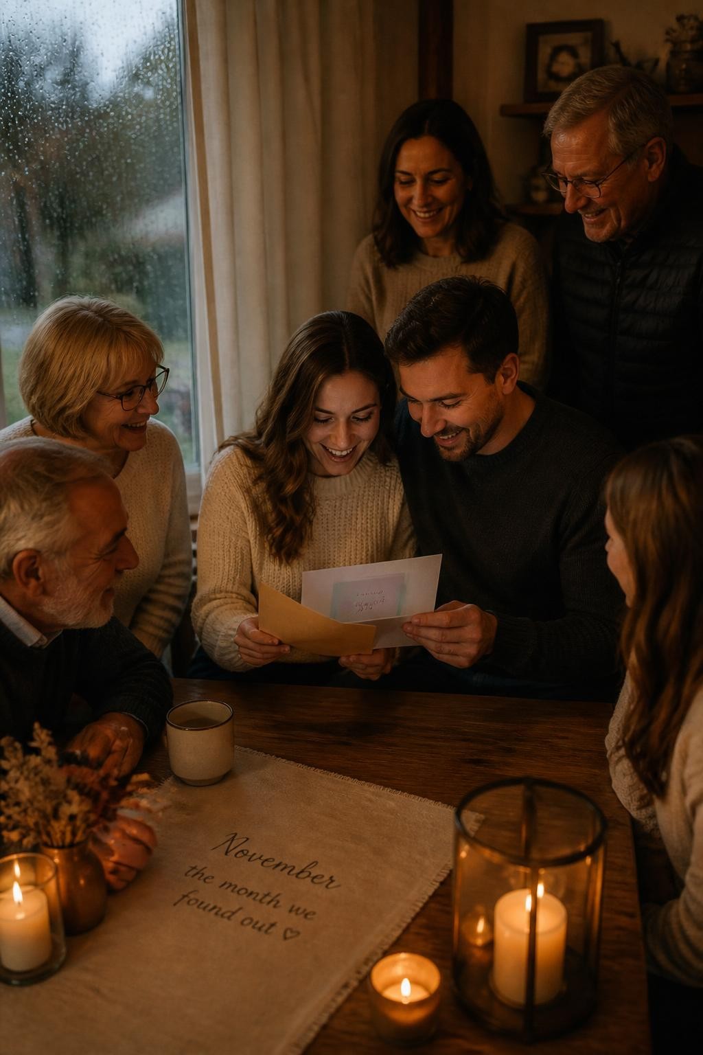 A realistic editorial photo of a cozy November gender reveal indoors beside a rain-streaked window, cream curtains, warm lamps, candles, handwritten letter on a wooden table, parents opening the letter together while close family watches, soft reveal color card inside, intimate moody home atmosphere, vertical DSLR image