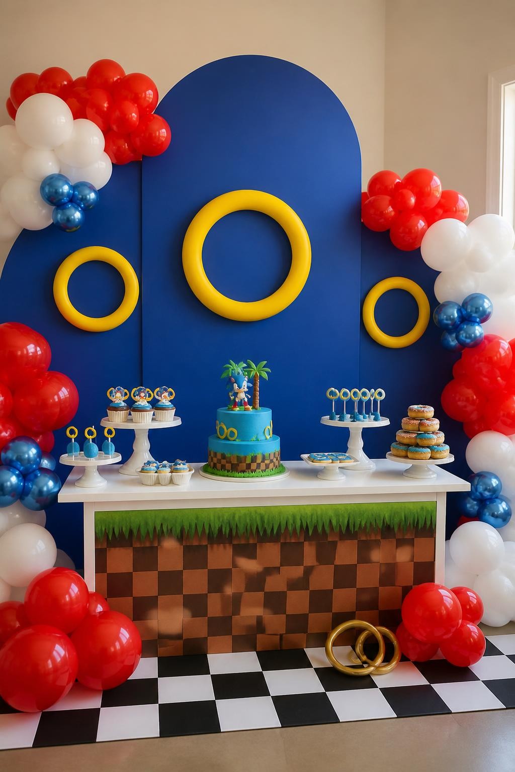 Image Prompt:
A single realistic photo of a Sonic-inspired dessert table backdrop with a royal blue panel wall, yellow ring props, red and white balloon clusters, checkered black and white floor detail, a styled dessert table with cupcakes, cake pops, and a blue birthday cake on white stands, indoor party room, no people, no faces, realistic food and event photography, no readable text, no watermark.
