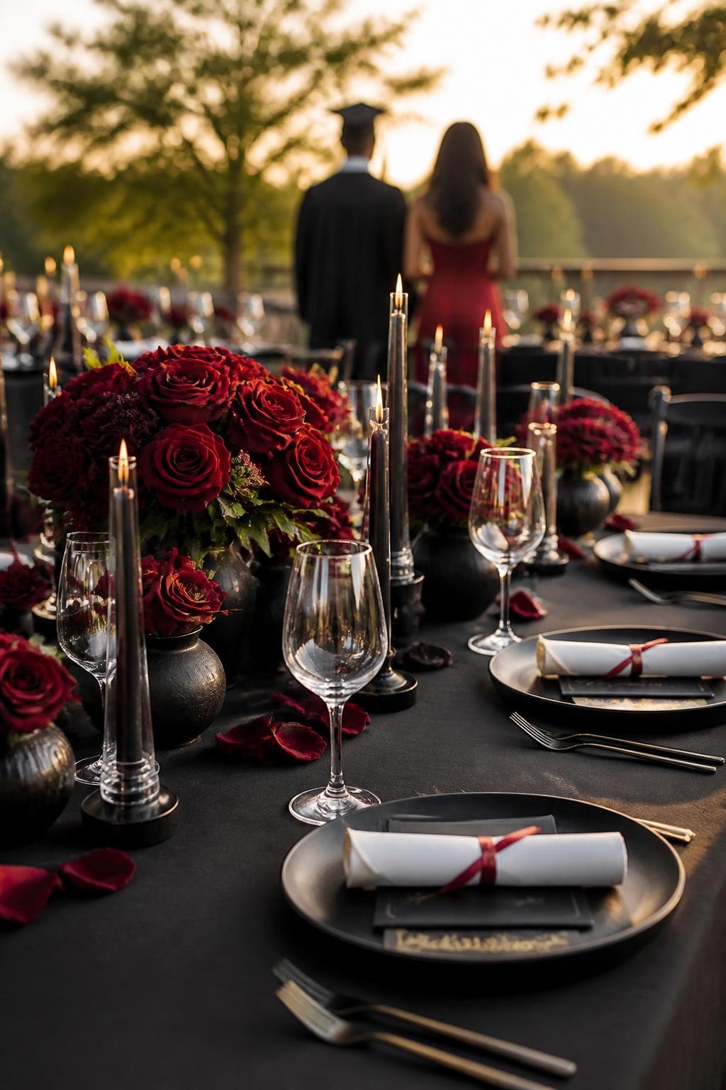 Image prompt: A realistic DSLR photo of a classy red and black graduation dinner table outdoors at golden hour, with black linens, deep red rose centerpieces, matte black plates, clear glassware, slim candles, gold-accent flatware, diploma-style rolled napkins, and two guests standing in the far background with their backs turned and softly out of focus, elegant editorial event styling.
