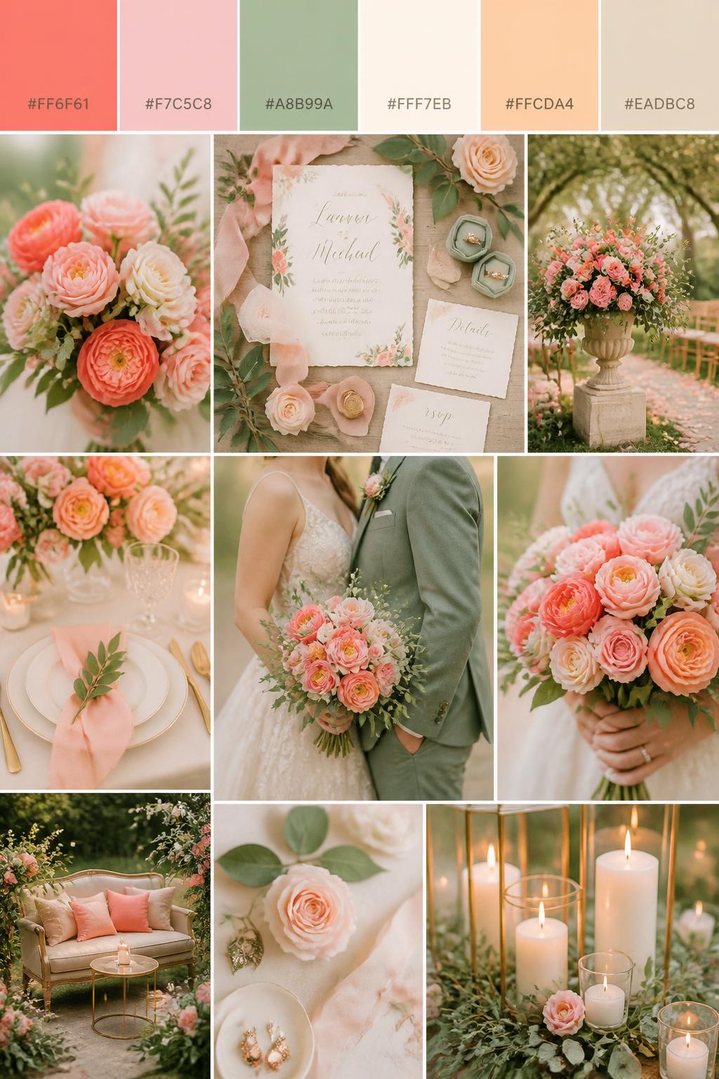 Image Prompt:
A realistic wedding palette mood board in a polished Pinterest collage layout. Include a top strip of color swatches with hex codes in coral, blush pink, sage green, ivory, warm peach, and soft beige. Below, show a soft collage with coral flowers, blush roses, sage greenery, ivory table styling, invitation flat lays, candlelit details, a side-view cropped couple shot with no faces visible, bouquet close-ups, and softly lit garden decor scenes. Keep variety in the compositions with no full faces, using back views, hands-only images, and no-people styling scenes. The mood should feel warm, sweet, and romantic with real DSLR photo quality. 9:16 vertical format. (no watermarks on images)