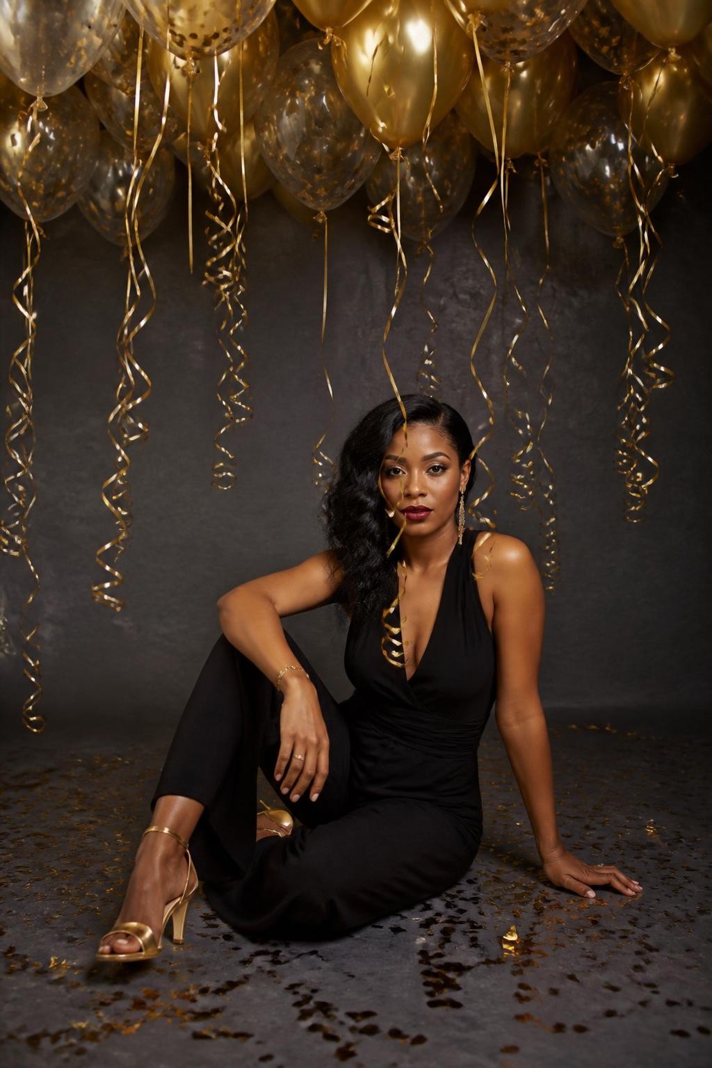 Image Prompt:
A realistic studio birthday photoshoot of a Black woman sitting on the floor beneath a ceiling filled with floating metallic gold and clear balloons with curled ribbons hanging down. She wears a sleek black jumpsuit, gold heels, and bold birthday makeup. Her face is partly framed by balloon ribbons as she looks directly at the camera. The backdrop is matte charcoal gray, with dramatic softbox lighting and gold confetti scattered lightly on the floor. High-end studio portrait, festive but elegant, vertical composition.