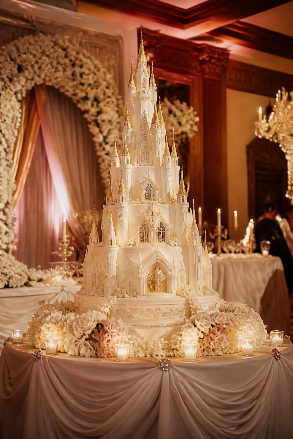 Image Prompt: Ultra-realistic wedding party scene showing an extravagant castle inspired wedding cake with tall elegant tiers, subtle turret-like details, arched accents, and a luxurious fairytale look. Place the cake on a grand cake table in a real wedding reception with candles, flowers, linen draping, and a romantic venue backdrop. Keep the cake as the main focus. No visible faces. If guests appear, show only back views, blurred side silhouettes, cropped hands, or neck-down figures. Realistic icing texture, refined architectural details, soft warm wedding light, DSLR realism. (no watermarks on images)