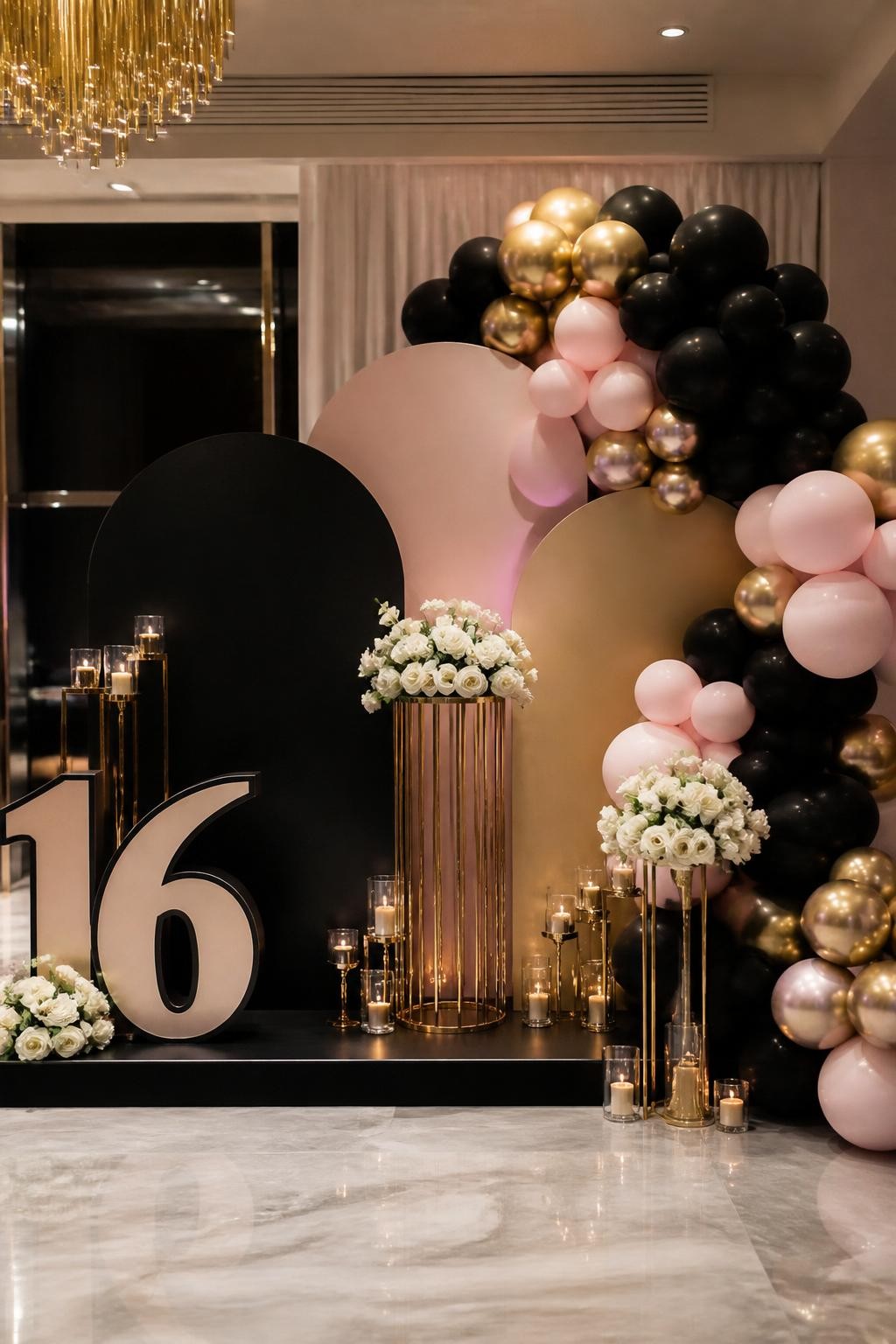Image Prompt:
A single realistic editorial photo of a stylish Sweet 16 backdrop with matte black, blush pink, and champagne gold curved panels, matching balloon garland, white roses, gold pedestal stands, a bold number 16 prop, polished indoor birthday venue, no people, no faces, flattering event lighting, realistic luxury party photography, no text, no watermark.