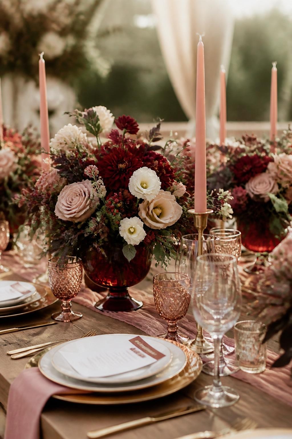 Realistic DSLR photo of a fall wedding table with cranberry-colored glass vases filled with dusty pink roses, burgundy dahlias, cream lisianthus, dark greenery, and tiny red berries, paired with blush taper candles and gold-rimmed plates, romantic autumn wedding reception, soft natural light.