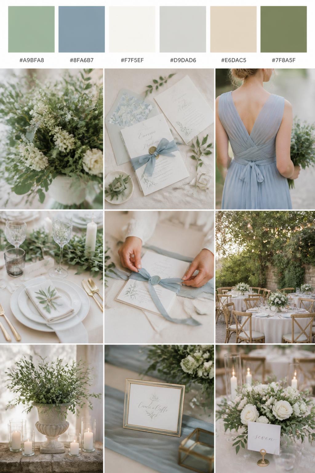 Image Prompt:
A realistic wedding color palette collage with a top row of swatches and hex codes in sage green, dusty blue, ivory, pale gray, warm beige, and muted olive. Below, show realistic wedding details such as sage greenery, dusty blue ribbon, ivory table styling, elegant stationery, hands tying an invitation suite, a cropped-from-neck bridesmaid dress detail, and a softly lit garden reception setup. Keep all people shown from the back, side, or cropped below the face, and include some no-people decor scenes for variety. The mood should feel fresh, calm, and romantic with DSLR-quality realism. 9:16 vertical format. (no watermarks on images)