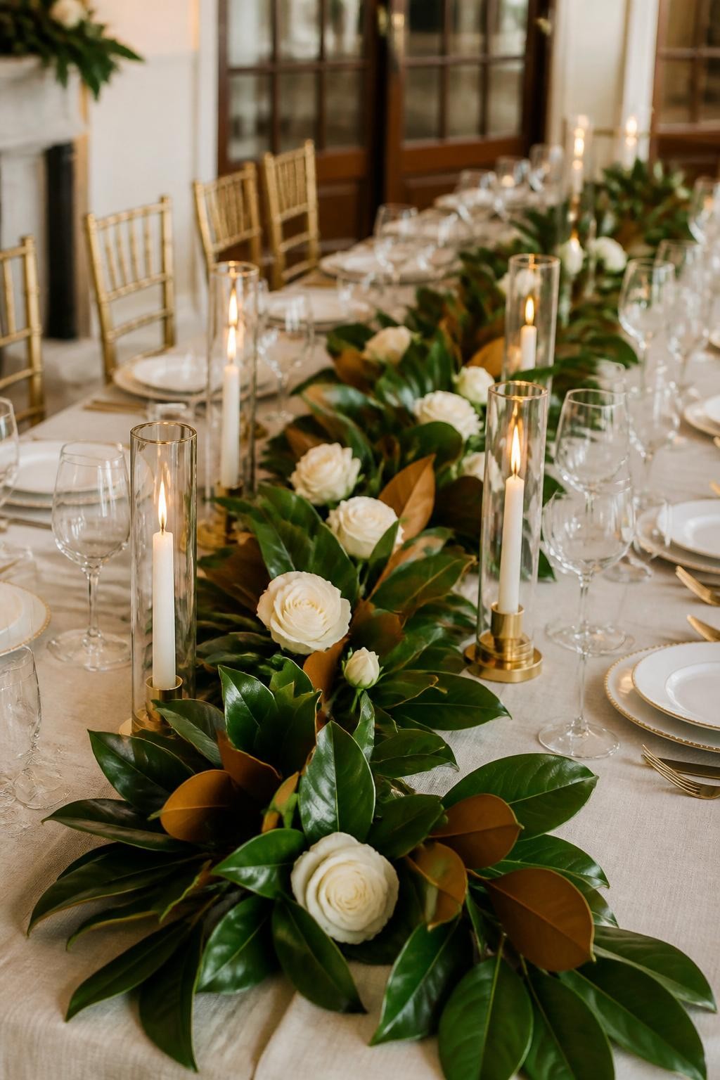 Detailed image prompt: A realistic photo of a magnolia leaf garland running down a formal wedding table, glossy green magnolia leaves with brown undersides, white roses tucked between the leaves, gold candle holders, white plates, cream table linen, elegant southern wedding reception, no people, warm natural light.