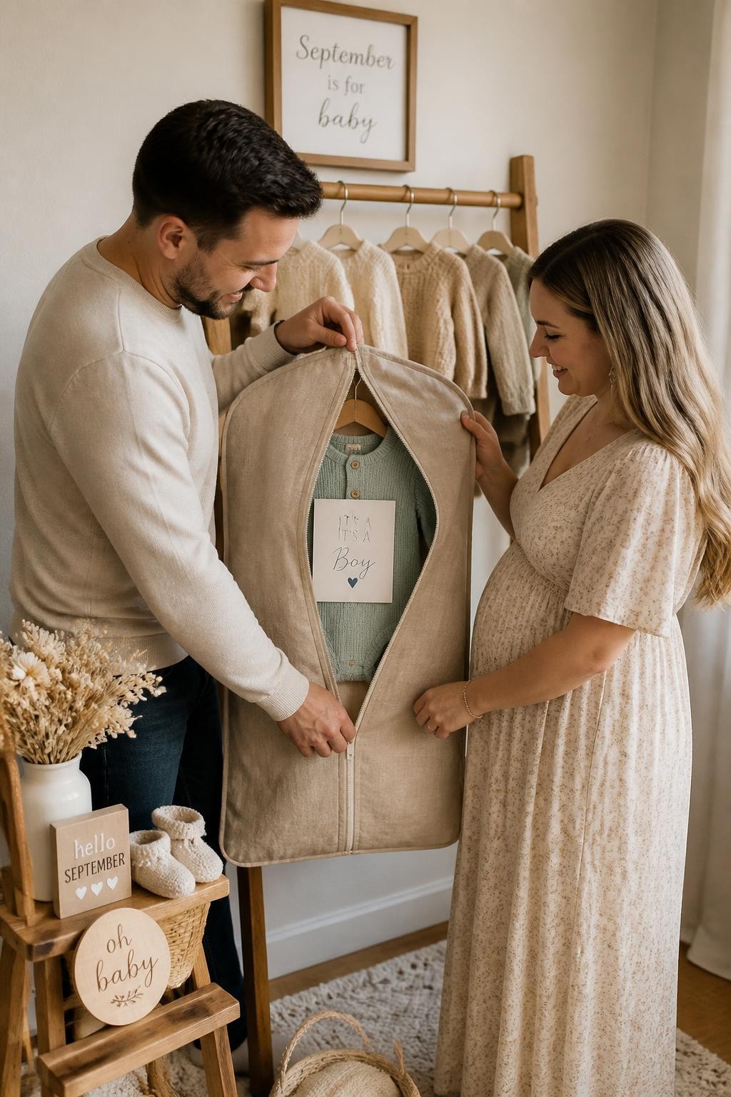 A realistic editorial photo of a September gender reveal nursery corner with a wooden clothing rack, tiny knit sweaters, neutral baby clothes, soft booties, dried flowers, parents unzipping one linen garment bag to reveal a baby outfit and message card in one reveal color, warm home lighting, vertical DSLR photography