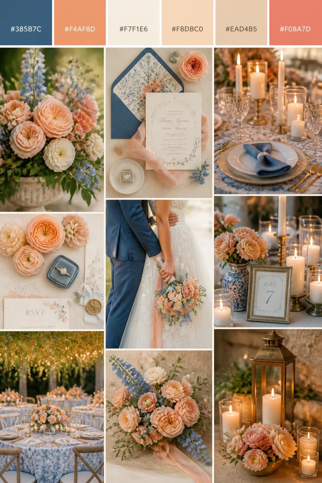 Image Prompt:
A realistic wedding palette mood board in a polished Pinterest collage layout. Include a top strip of color swatches with hex codes in French blue, peach, ivory, pale apricot, warm beige, and soft coral. Below, show a warm romantic collage with peach flowers, French blue table details, ivory candles, invitation flat lays, candlelit details, a side-view cropped couple shot with no faces visible, bouquet close-ups, and softly lit decor scenes. Keep variety in the compositions with no full faces, using back views, hands-only images, and no-people styling scenes. The mood should feel soft, warm, fresh, and romantic with real DSLR photo quality. 9:16 vertical format. (no watermarks on images)