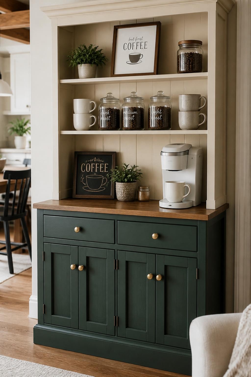 A realistic DSLR photo of a creative two-tone coffee bar hutch, lower cabinet painted deep forest green and upper shelves painted warm cream, brass knobs, wood countertop, compact white coffee maker, clear jars of coffee beans, ceramic mugs, small framed coffee art, soft natural light from the side, cozy modern farmhouse kitchen background, no people.