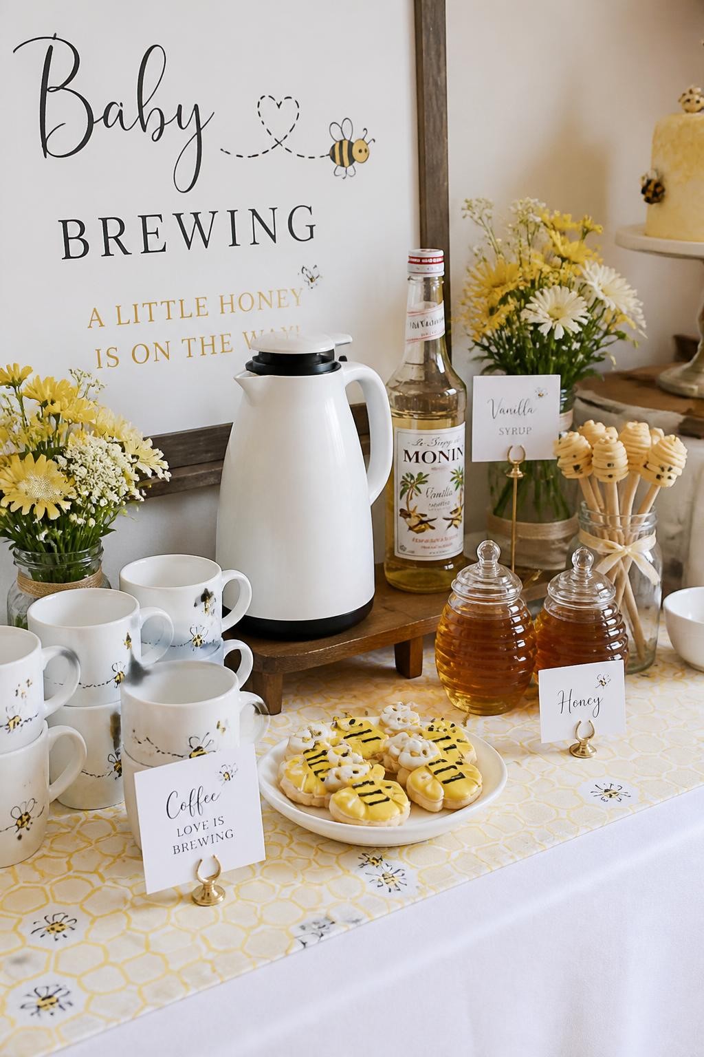 A realistic DSLR photo of a baby shower coffee bar with a honey bee theme, soft yellow and cream table runner, white coffee carafe, mugs stacked neatly, glass honey jars, honey stir sticks, vanilla syrup bottle, small bee-shaped cookies, yellow flowers in short vases, subtle bee labels, warm daylight, cheerful baby shower party styling, no people.