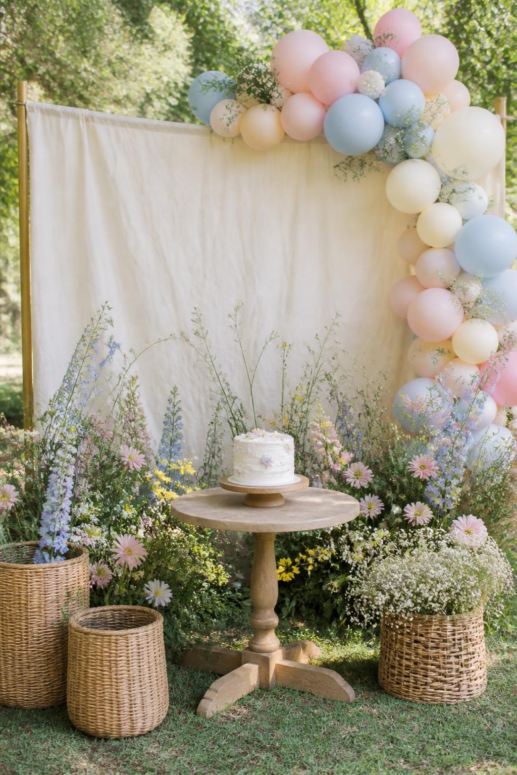 A single realistic photo of a wildflower gender reveal backdrop with a cream fabric backdrop, scattered fresh-looking wildflowers in blush pink, pale blue, yellow, lavender, and white, loose organic balloon garland in pastel colors, small wooden table with a reveal cake, rattan baskets, soft outdoor garden setting, no people, no faces, natural sunlight, realistic relaxed party photography, no text, no watermark.