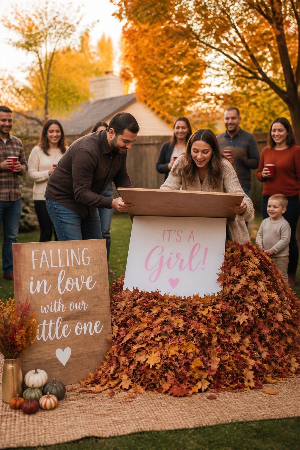A realistic editorial photo of a backyard fall gender reveal with a styled pile of clean colorful leaves, wooden sign, parents lifting a hidden flat board from under the leaves to reveal a baby message in one soft color, warm autumn trees, cozy family gathering, natural golden light, DSLR lifestyle photography