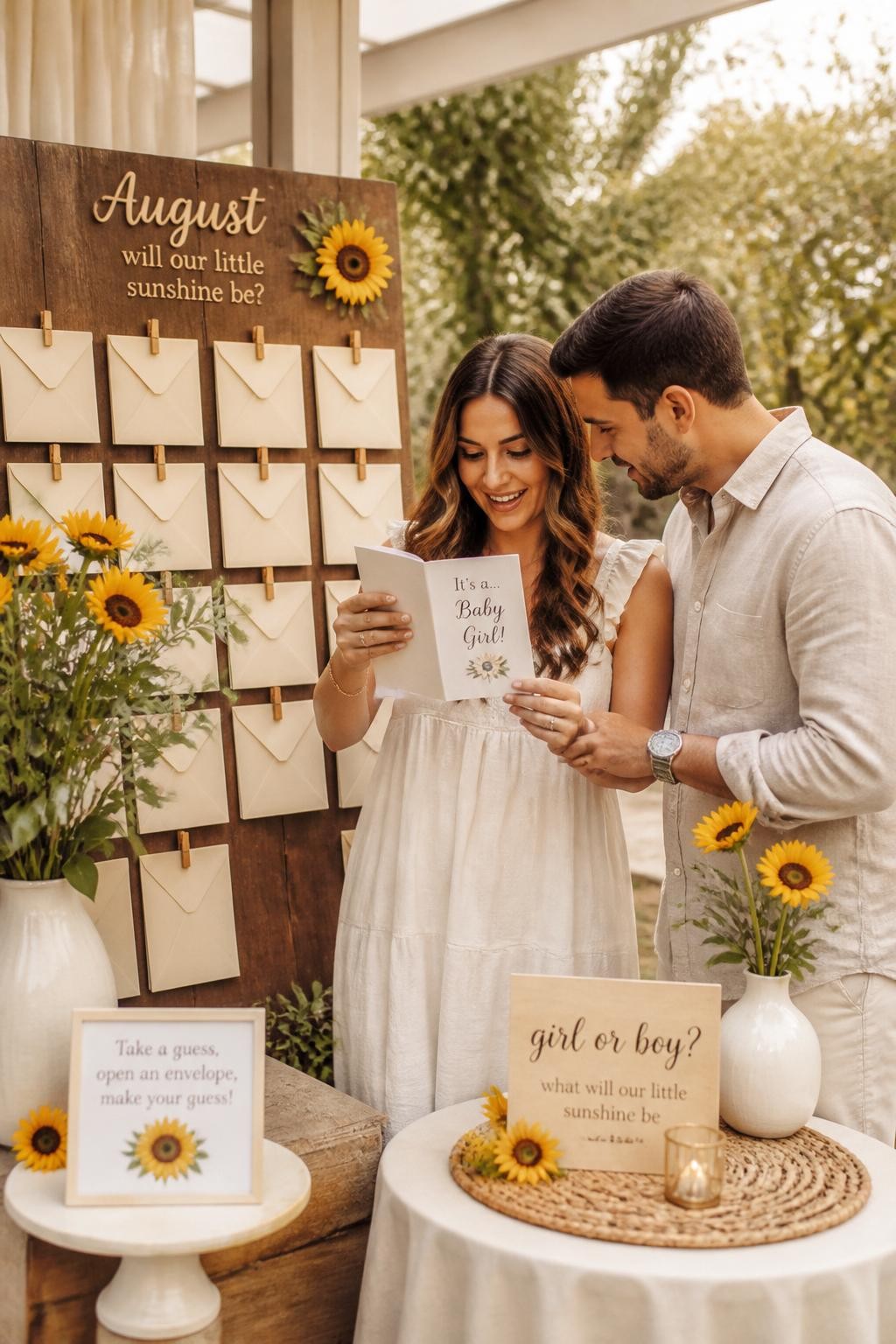 A realistic editorial photo of an August gender reveal with a sunflower-inspired setup, tall sunflowers in ceramic vases, cream envelopes clipped to a wooden board, soft yellow and neutral decor, parents opening the final envelope with a hidden baby reveal card, warm natural light, elegant garden party photography