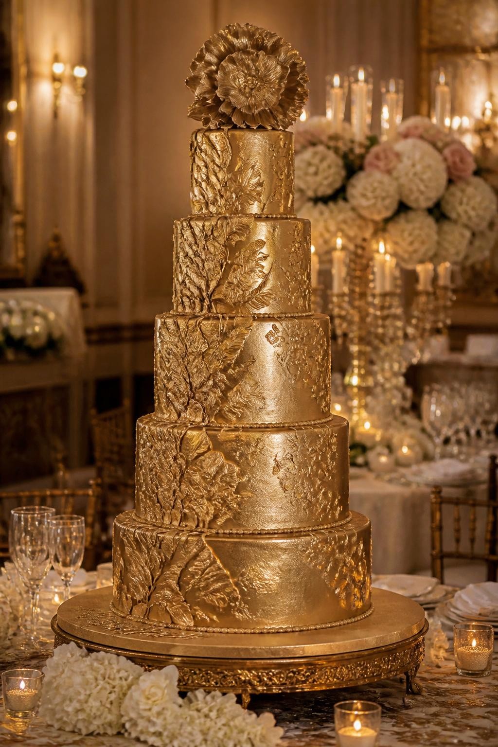 Image Prompt: Ultra-realistic wedding reception image of an extravagant gold sculpted wedding cake with elegant hand-shaped details, metallic gold accents, textured surfaces, and a luxurious multi-tier design. Place the cake on a decorated cake table at a real wedding party with candles, upscale florals, glassware, and a glamorous ballroom setting. Keep the cake as the hero of the image. No visible faces. If people appear, show only blurred side profiles, back views, cropped hands, or neck-down figures. Realistic gold finish, refined cake texture, warm reception light, editorial DSLR style. (no watermarks on images)