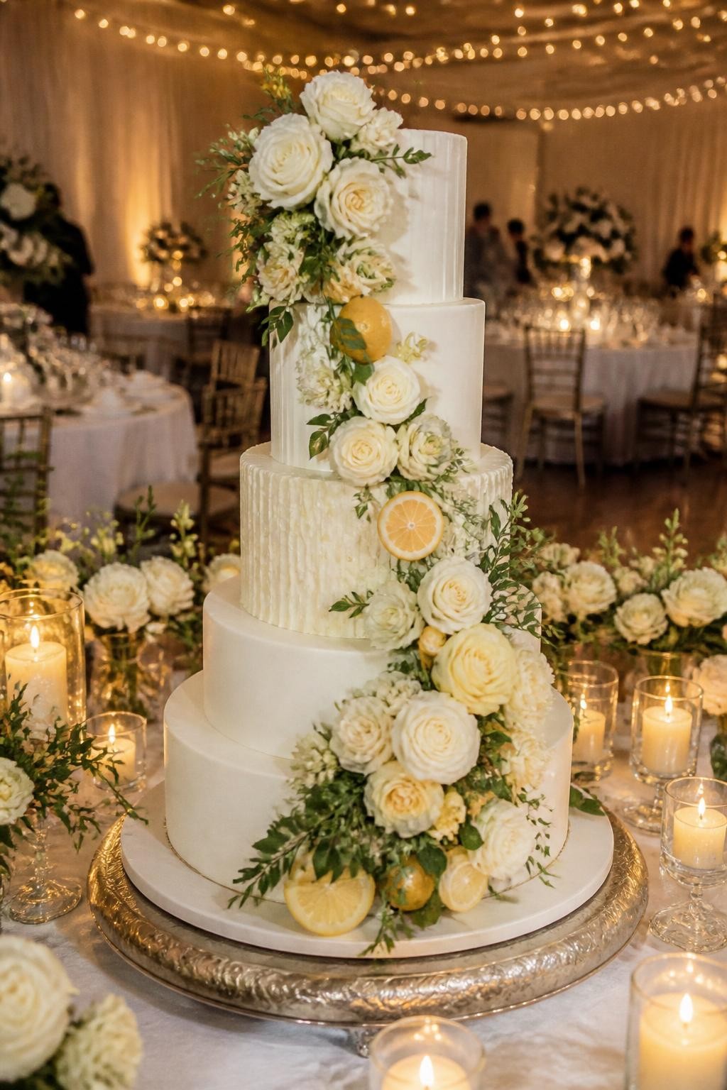Image Prompt: Ultra-realistic wedding party scene showing a lemon wedding cake with a dramatic floral cascade flowing from the top tier to the base. Use white roses, pale yellow flowers, soft ivory blooms, and delicate greenery with a few tasteful lemon accents. Place the cake on an elegant reception cake table with candles, floral centerpieces, fine table settings, and a softly blurred wedding venue background. Keep the cake in sharp focus. No visible faces. If guests appear, show only side views in blur, back views, cropped torsos, or neck-down figures. Realistic flower texture, detailed icing, fresh lemon accents, warm romantic lighting, DSLR wedding realism. (no watermarks on images)