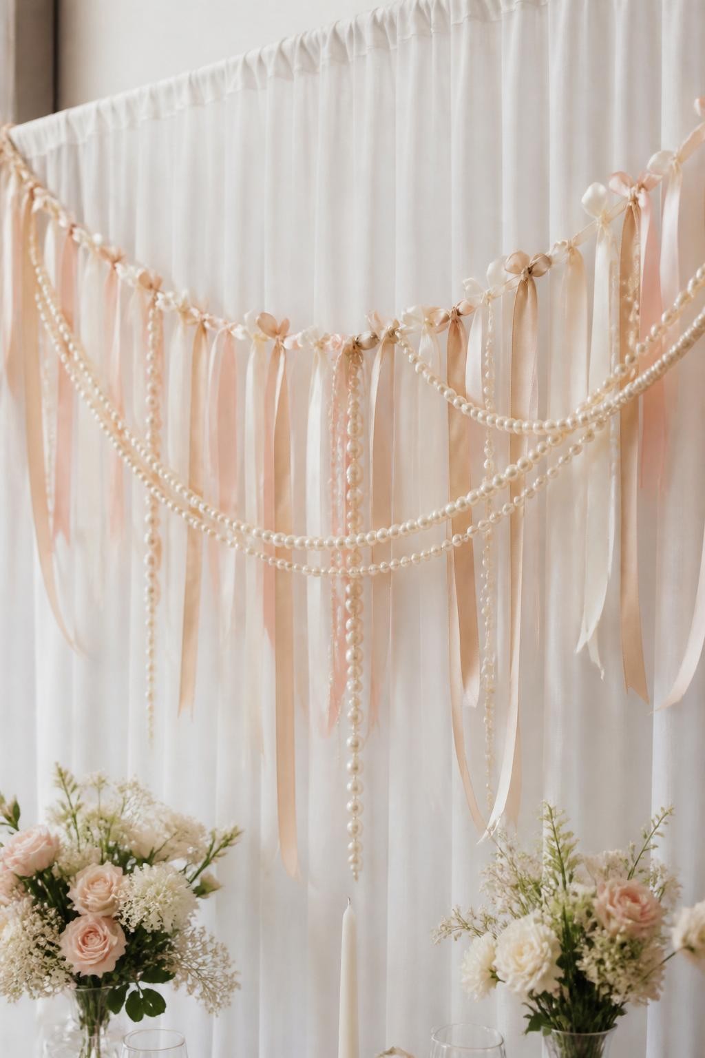 Detailed image prompt: A realistic photo of a pearl and ribbon wedding garland hanging across a bridal shower-style wedding backdrop, strands of faux pearls mixed with satin ribbons in ivory, champagne, and blush, soft white curtain background, small floral arrangements below, elegant feminine wedding decor, no people, soft daylight.