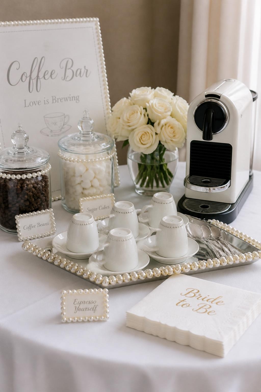 A realistic DSLR photo of a bridal shower coffee bar with pearl-inspired details, white tablecloth, pearl-trimmed tray holding espresso cups, glass jars of coffee beans and sugar cubes, small white coffee machine, cream roses in a short vase, tiny pearl place-card labels, silver spoons, soft neutral backdrop, gentle natural light, polished bridal shower styling, no people.
