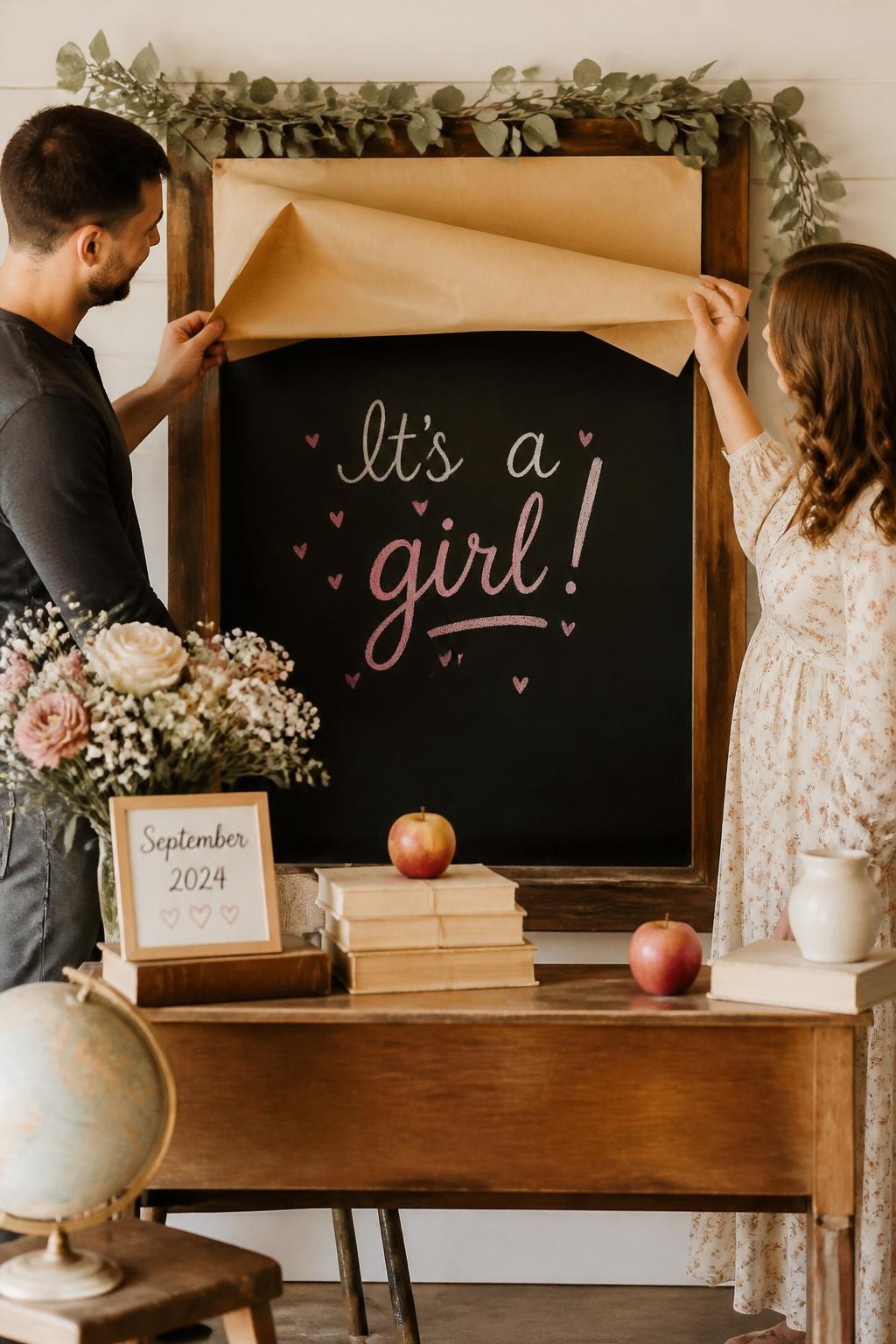 A realistic editorial photo of a creative September gender reveal with a vintage classroom-style chalkboard, wooden desk, cream books, apples, soft florals, parents lifting a paper cover from the chalkboard to reveal a baby message in one reveal color, cozy early fall indoor party setting, DSLR lifestyle photography