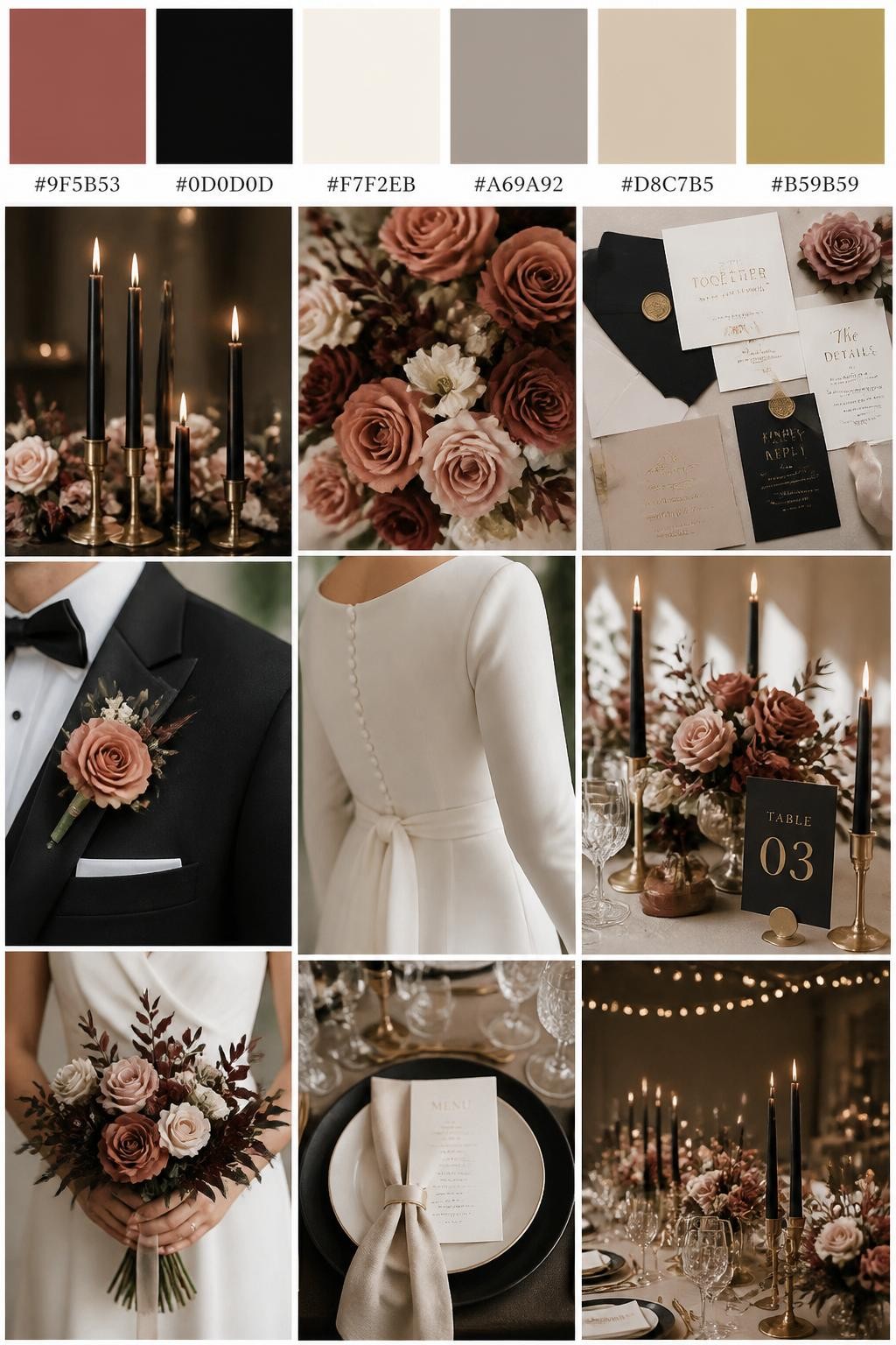 Image Prompt:
A realistic wedding palette board with a top row of color swatches and hex codes in cinnamon rose, black, ivory, warm taupe, beige, and muted gold. Below, show a polished collage of black taper candles, cinnamon rose flowers, ivory linens, elegant paper goods, a groom suit detail with boutonniere and no visible face, cropped dress shots, bouquet styling in hands-only composition, and a romantic reception table. Use no full faces, with side crops, back views, and no-people decor shots for variety. The mood should feel modern, bold, elegant, and warm with true-to-life DSLR quality. 9:16 vertical format. (no watermarks on images)