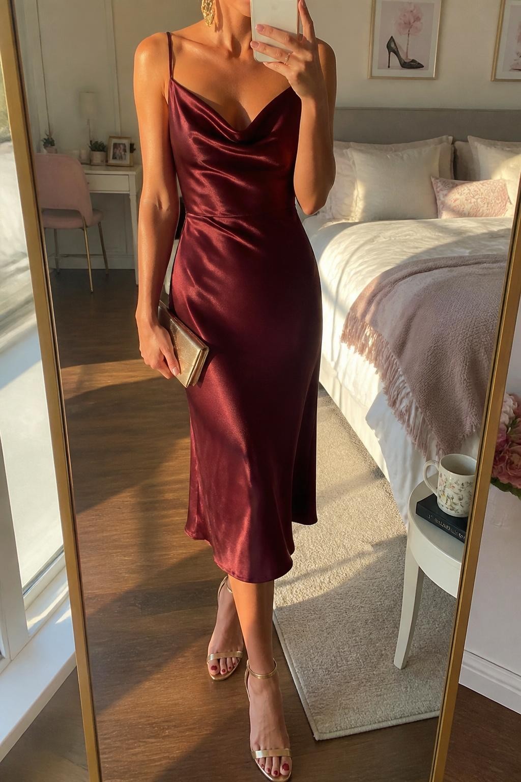 mirror selfie of a woman wearing a burgundy satin midi dress with gold heeled sandals, gold drop earrings, and a champagne clutch, holding a phone in front of a mirror, cropped at NECK so face doesn't show, with a natural casual selfie pose, in a feminine-themed bedroom, evening golden hour, including small lived-in details like soft bedding and a coffee mug nearby, latest iPhone photo quality.
