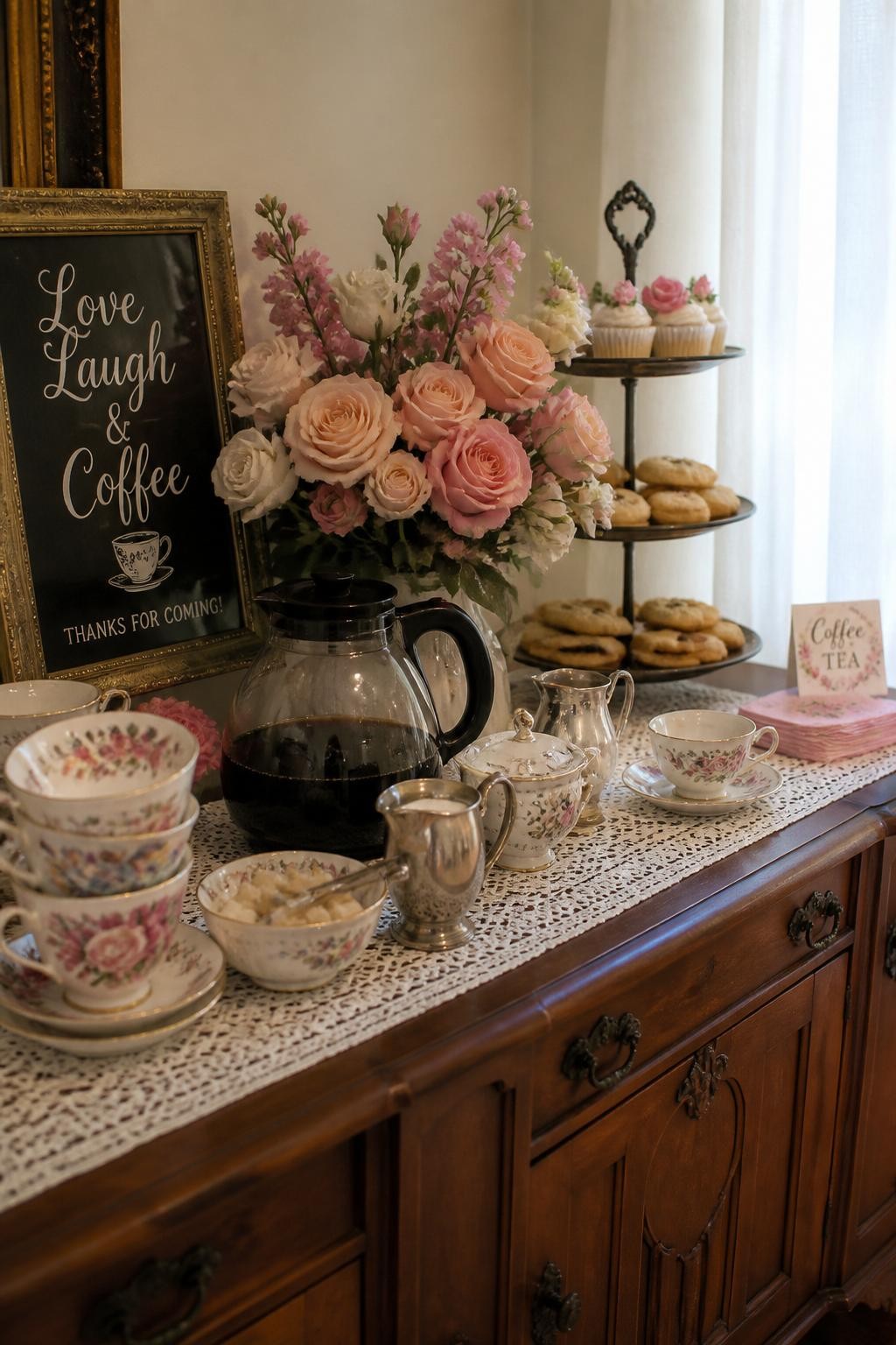 A realistic DSLR photo of a vintage tea room inspired bridal shower coffee bar, antique wooden sideboard, lace runner, mismatched floral cups and saucers, glass coffee carafe, small silver creamer, sugar bowl, tiered stand with mini cakes and biscuits, fresh roses, soft curtain light, warm nostalgic party styling, no people.