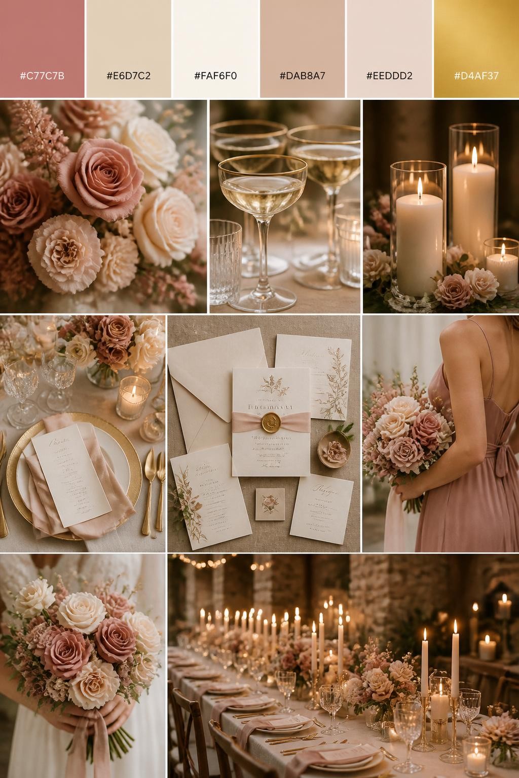 Image Prompt:
A realistic wedding mood board with a top strip of color swatches and small hex codes in cinnamon rose, champagne, cream, warm nude, blush beige, and soft gold. Below, show a romantic collage of wedding details: cinnamon rose flowers, champagne glassware, cream candles, elegant table styling, invitation flat lays, a cropped bridesmaid dress detail from the neck down, hands holding a bouquet, and a no-people reception table glowing under warm candlelight. Keep the collage polished, soft, and elegant with DSLR-style realism. Use no clear faces, with side angles, back views, detail-only shots, and no-people scenes. 9:16 vertical format. (no watermarks on images)