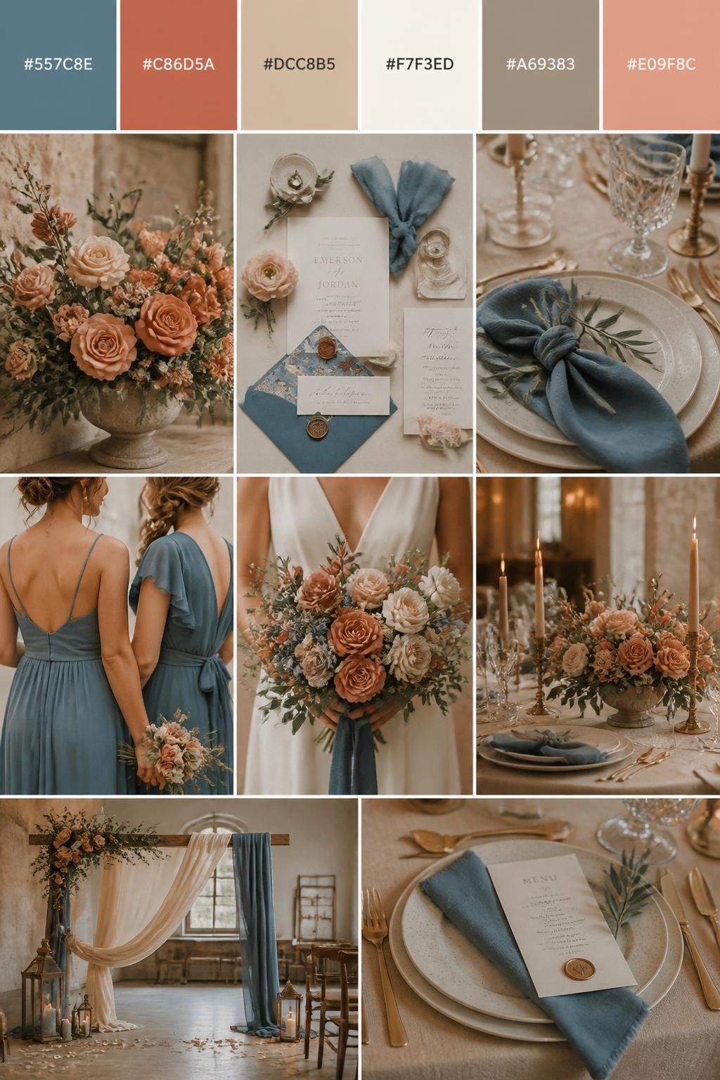 Image Prompt:
A realistic vertical wedding mood board with a top palette strip showing hex codes in French blue, soft terracotta, beige, ivory, warm taupe, and dusty peach. Below the swatches, show a warm romantic collage of terracotta flowers, French blue fabric details, beige linens, polished table settings, invitation styling, a bouquet held in front of the body with no face visible, cropped bridesmaid dress details, and warm ceremony decor. Use varied no-face compositions such as side views, back views, hand-held bouquet close-ups, and no-people tablescape shots. DSLR realism, Pinterest-style collage layout, 9:16 vertical format. (no watermarks on images)