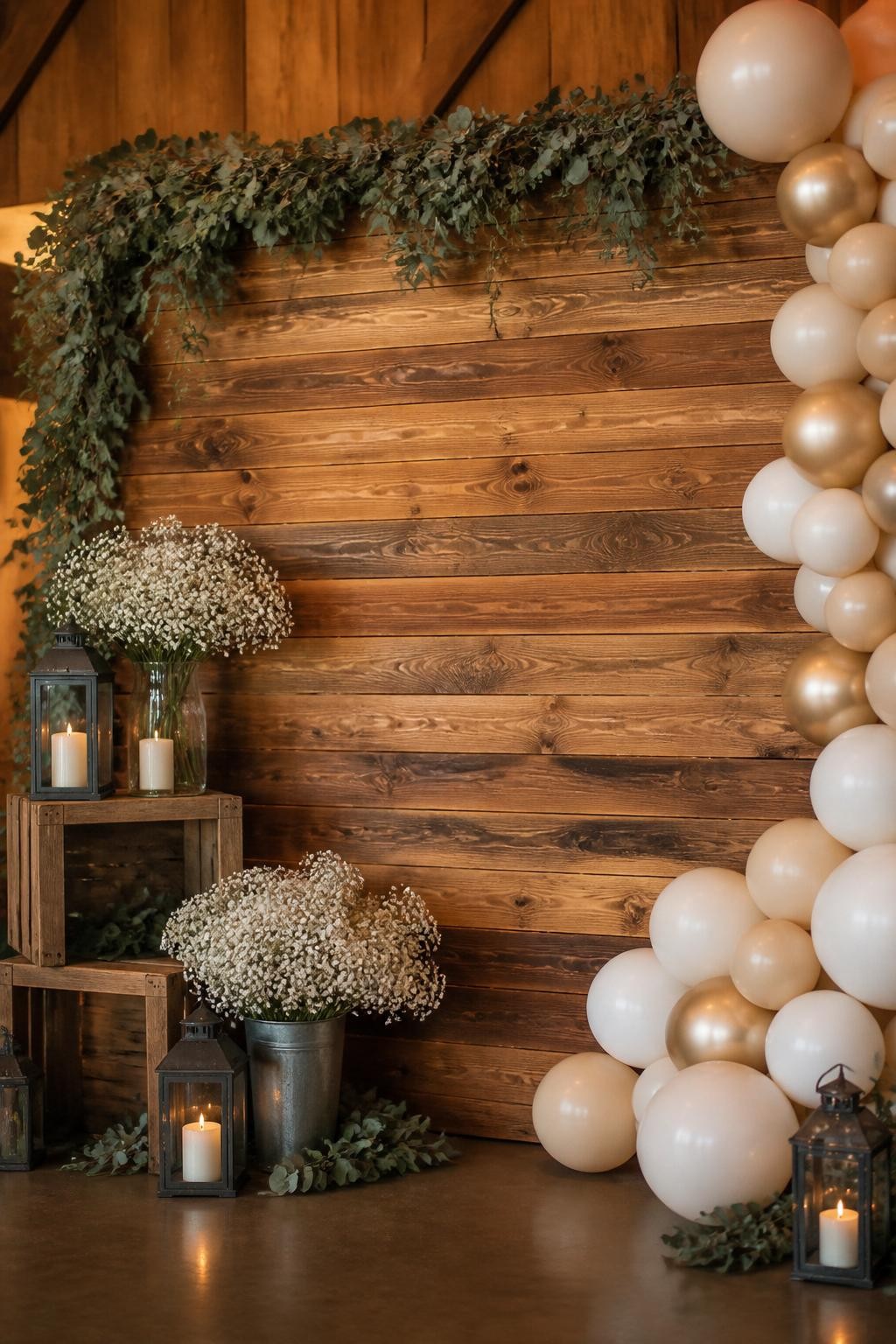 Image Prompt:
A single realistic editorial-style photo of a rustic party backdrop with a warm wooden panel wall, soft greenery garland draped across the top, ivory and beige balloon clusters on one side, wooden crates at the base, lanterns, small white flowers, cozy indoor or barn-style event setting, no people, no faces, golden warm lighting, realistic event photography, no text, no watermark.