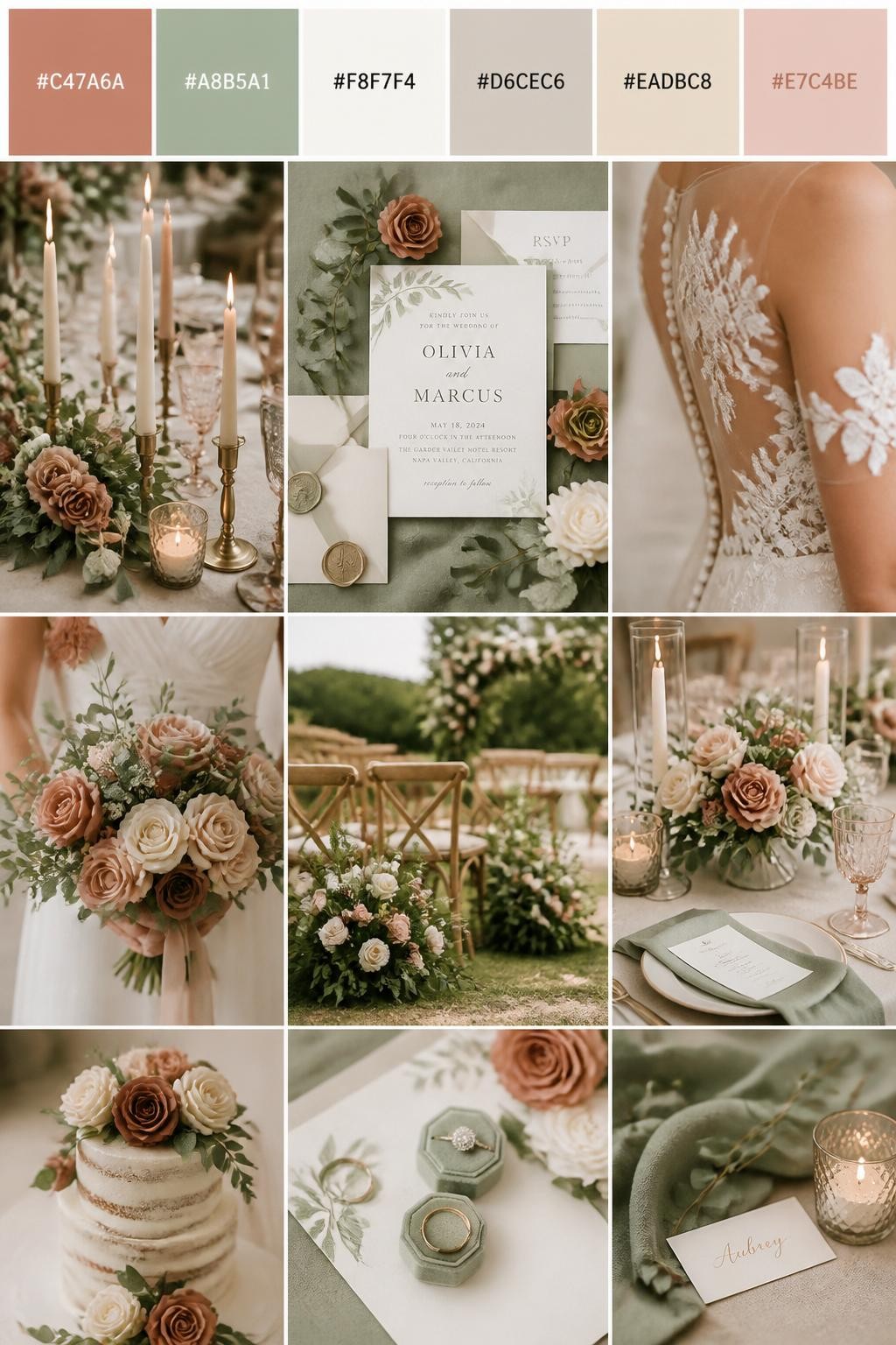 Image Prompt:
A realistic wedding inspiration collage with a top color strip showing hex-coded swatches in cinnamon rose, dusty sage, warm white, pale taupe, soft beige, and muted blush. Below the palette strip, create a realistic wedding mood board with sage greenery, cinnamon rose flowers, warm white candles, invitation flat lays, cropped dress detail shots, hands holding a bouquet, and no-people decor scenes in soft natural light. Use back views, side views, shoulder-down crops, and detail-only shots so no full faces are visible. The mood should feel fresh, soft, romantic, and polished with DSLR-style realism. 9:16 vertical format. (no watermarks on images)