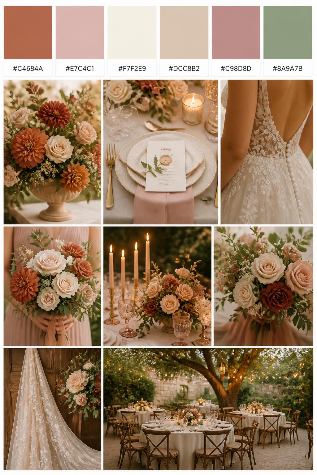 Image Prompt:
A realistic wedding palette board featuring a top row of color swatches and hex codes in terracotta, blush pink, ivory, warm beige, dusty rose, and sage green. Below, show a warm collage of wedding visuals: terracotta flowers, blush roses, ivory place settings, candlelit centerpieces, cropped dress detail shots, bouquet styling in hands-only composition, and no-people reception tables glowing under garden light. Avoid showing faces by using back angles, side crops, waist-up detail framing, and no-people scenes. The collage should feel warm, romantic, and garden-inspired with DSLR-quality detail. 9:16 vertical format. (no watermarks on images)