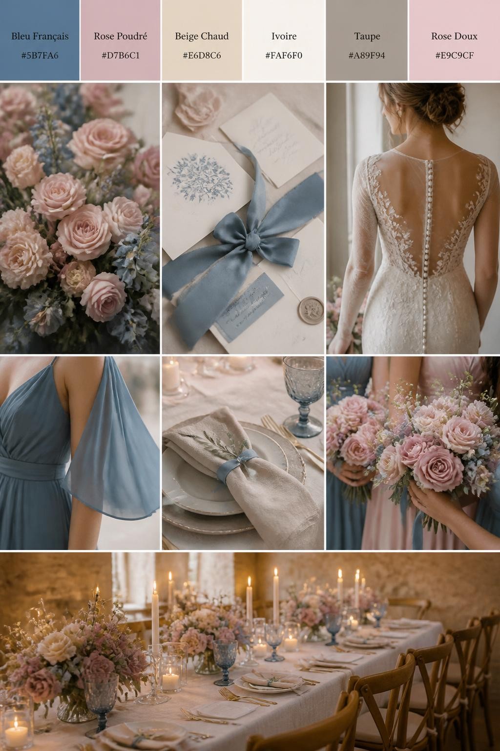 Image Prompt:
A realistic French blue wedding color palette mood board with a top strip of swatches and small hex codes in French blue, dusty pink, warm beige, ivory, taupe, and soft rose. Below, show a cohesive collage of dusty pink flowers, French blue ribbon, warm beige linens, stationery with silk ribbon, a back-view bridal detail, cropped bridesmaid dress fabric shots, hands-only bouquet styling, and a romantic reception table under warm glowing light. Keep faces out of frame using side angles, back views, close-up crops, and no-people scenes. The overall mood should feel soft, warm, romantic, and polished with realistic DSLR photo quality. 9:16 vertical format. (no watermarks on images)