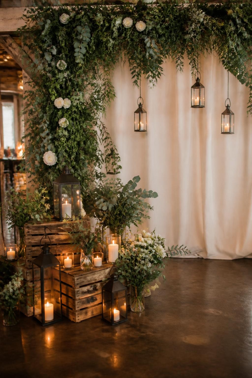 Image Prompt:
A single realistic photo of a rustic greenery backdrop with a cream fabric wall, lush eucalyptus garland, white roses, hanging lanterns, floor lanterns in different sizes, wooden crates, soft candlelight, warm indoor party setting, no people, no faces, realistic cozy event photography, no text, no watermark.