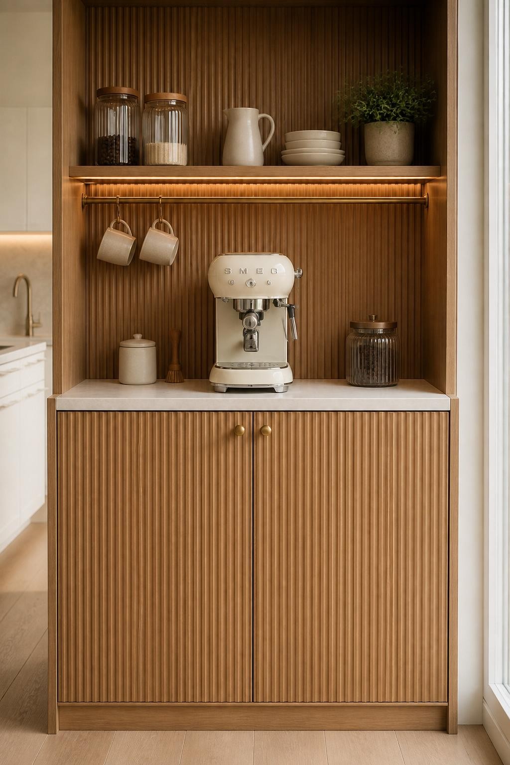A realistic DSLR photo of a modern fluted wood coffee hutch, vertical fluted oak panels on the back and lower cabinet doors, cream espresso machine centered on the counter shelf, beige mugs, ribbed glass jars, slim brass rail with small hooks, warm under-shelf lighting, white stone counter, soft natural daylight, upscale neutral kitchen styling, no people.