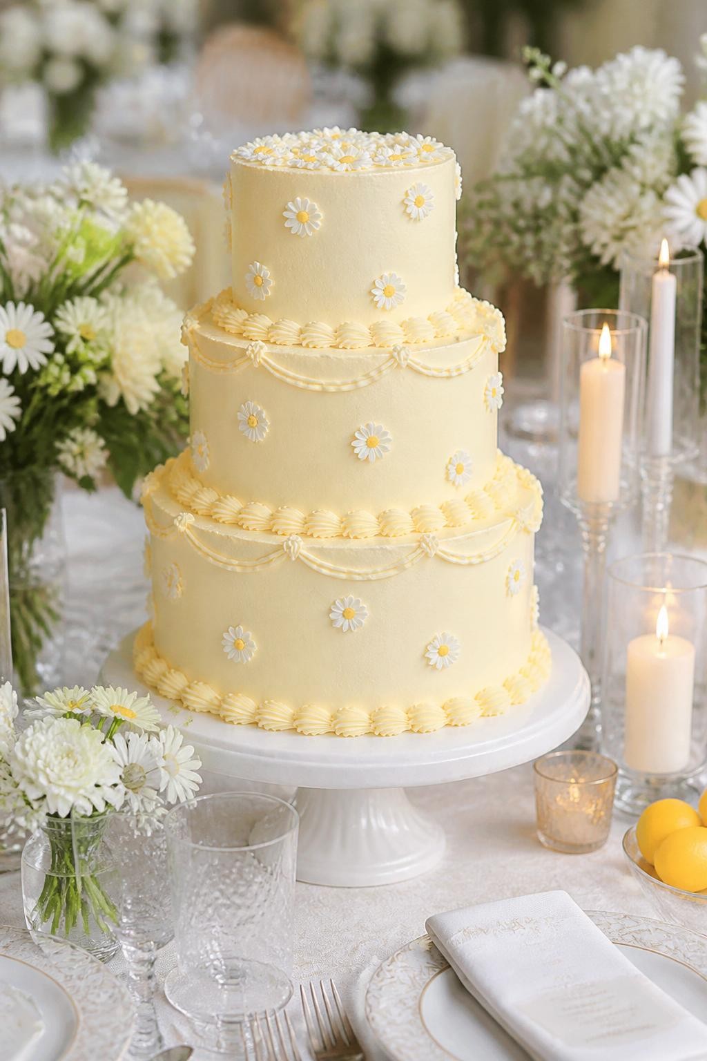 Image Prompt: Ultra-realistic wedding reception photo of a retro-inspired butter yellow wedding cake decorated with small daisy details, soft piped borders, and elegant tiered styling. Place the cake on a styled wedding cake table with candles, white and yellow floral centerpieces, fine linens, glassware, and a softly blurred garden or indoor reception backdrop. Keep the cake in sharp focus. No visible faces. If guests appear, show only side views in blur, back views, cropped hands, or neck-down figures. Realistic pastel yellow icing, daisy details, soft natural wedding lighting, DSLR editorial quality. (no watermarks on images)