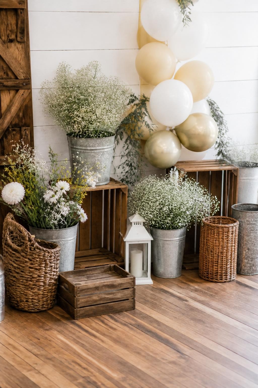 Image Prompt:
A single realistic photo of a farmhouse-style rustic backdrop with a white shiplap wall, wooden crates, galvanized buckets filled with baby’s breath and wildflowers, neutral balloon clusters, lanterns, woven baskets, warm indoor farmhouse party setting, no people, no faces, soft daylight, realistic seasonal event photography, no text, no watermark.