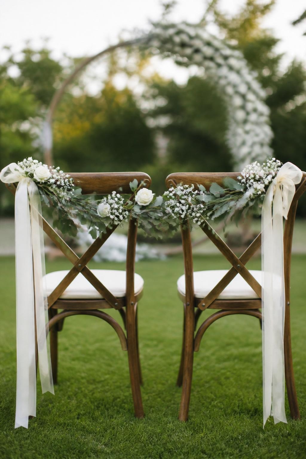 Detailed image prompt: A realistic DSLR-style photo of two wedding chairs decorated with white floral garlands across the backs, small white roses, baby’s breath, eucalyptus, soft ivory ribbon hanging down, wooden chairs at a garden wedding ceremony, no people, soft outdoor daylight.