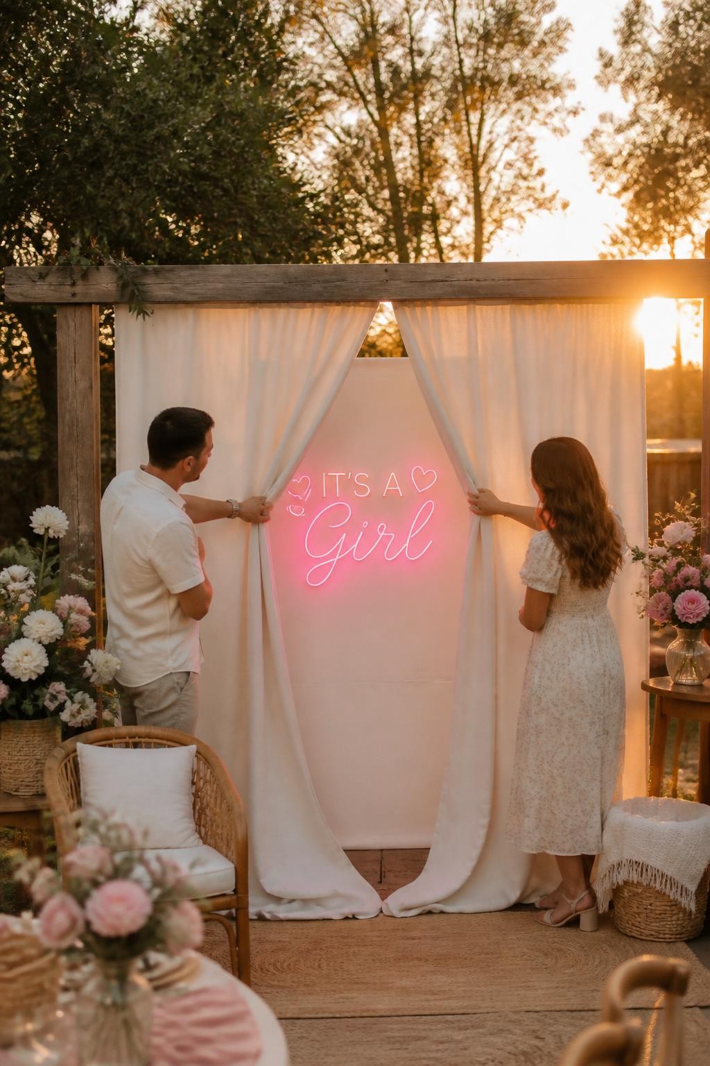 A realistic editorial photo of an August gender reveal party at golden hour, backyard with cream linen curtains hanging from a simple wooden frame, warm sunset light, soft late-summer flowers, woven chairs, parents pulling open the curtains to reveal a glowing baby message in one color, elegant outdoor party styling, DSLR lifestyle photography, vertical composition