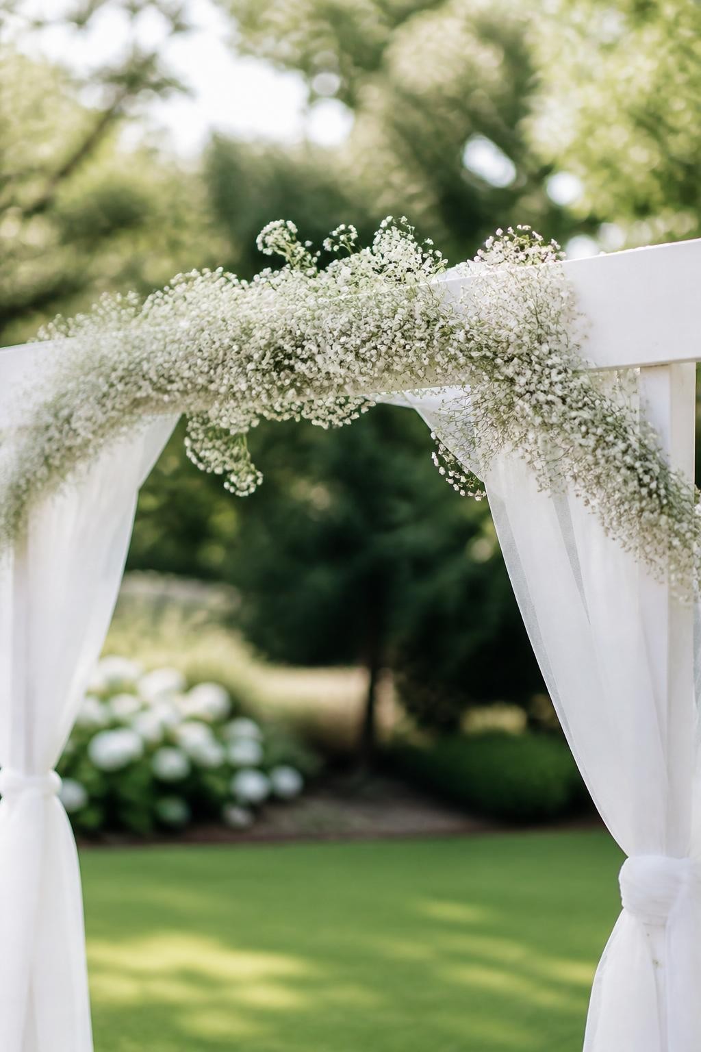 Detailed image prompt: A realistic photo of a delicate baby’s breath garland draped across a white wedding ceremony arch, tiny white baby’s breath flowers clustered along thin greenery, sheer white fabric tied softly at the sides, outdoor garden ceremony setup, no people, bright natural daylight.