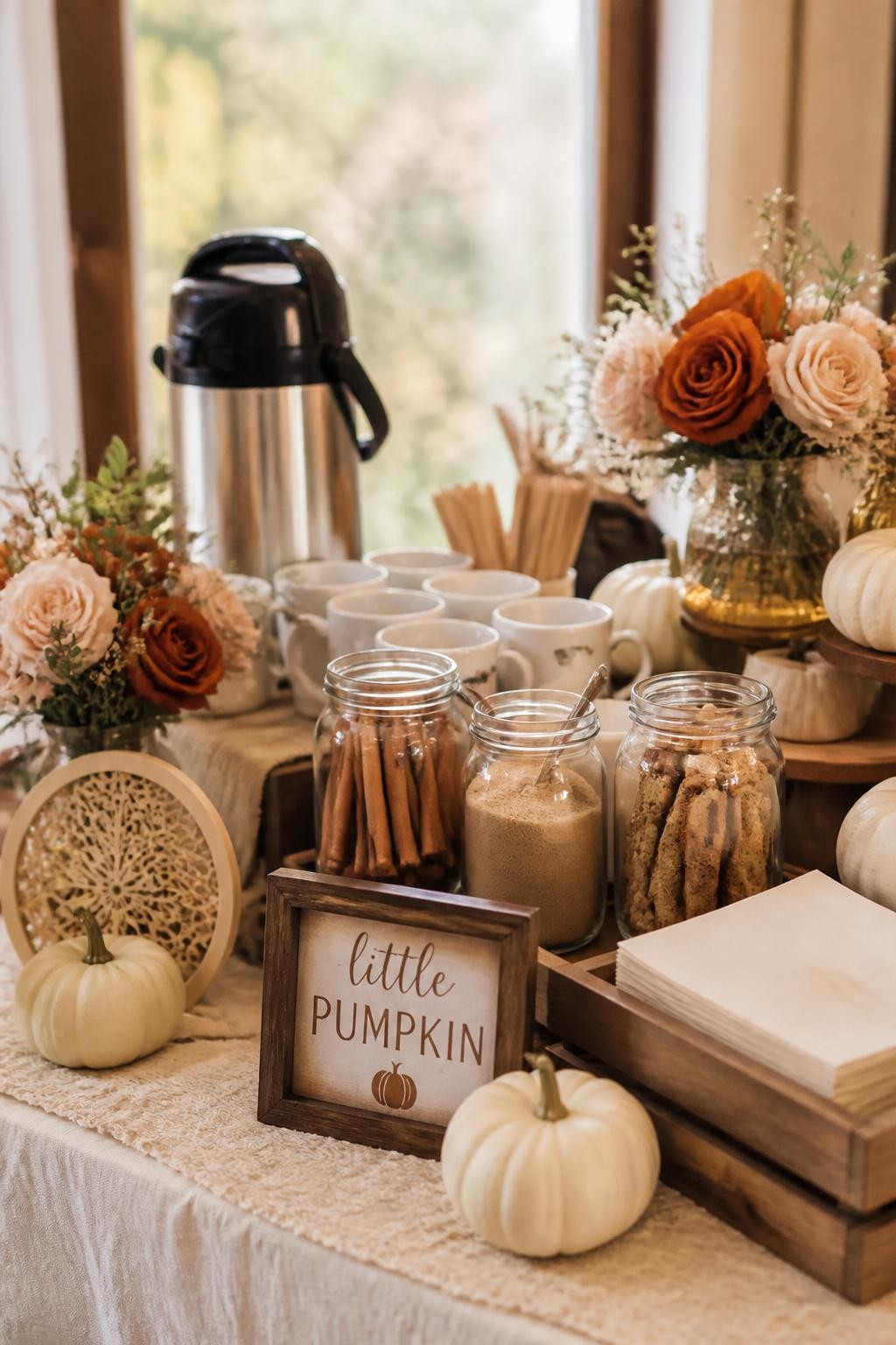 A realistic DSLR photo of a fall baby shower coffee bar with a little pumpkin theme, warm cream table runner, coffee urn, white mugs, glass jars of cinnamon sticks, brown sugar, and biscotti, mini white pumpkins around the table, small wooden sign reading little pumpkin, soft orange and beige flowers, cozy autumn daylight, realistic home party styling, no people.