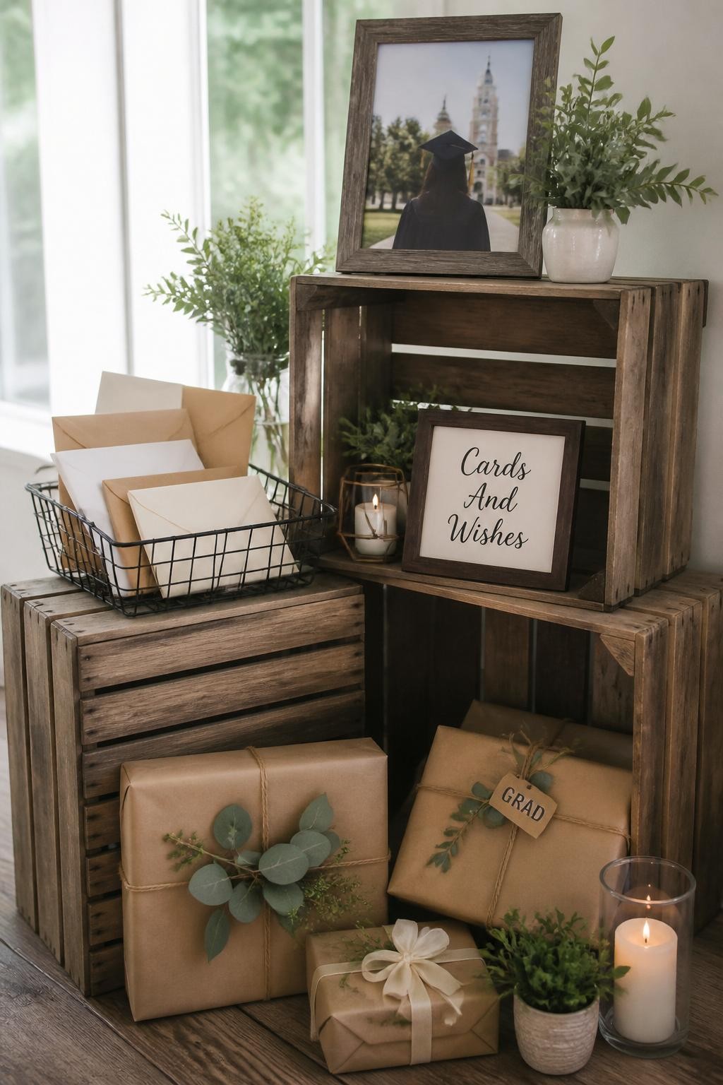 A realistic DSLR photo of a rustic graduation gift display made with stacked wooden crates, kraft envelopes, wrapped gifts, greenery, framed graduation photo, candles, and a small “Cards And Wishes” sign, bright indoor natural light, no people, clean rustic event styling.