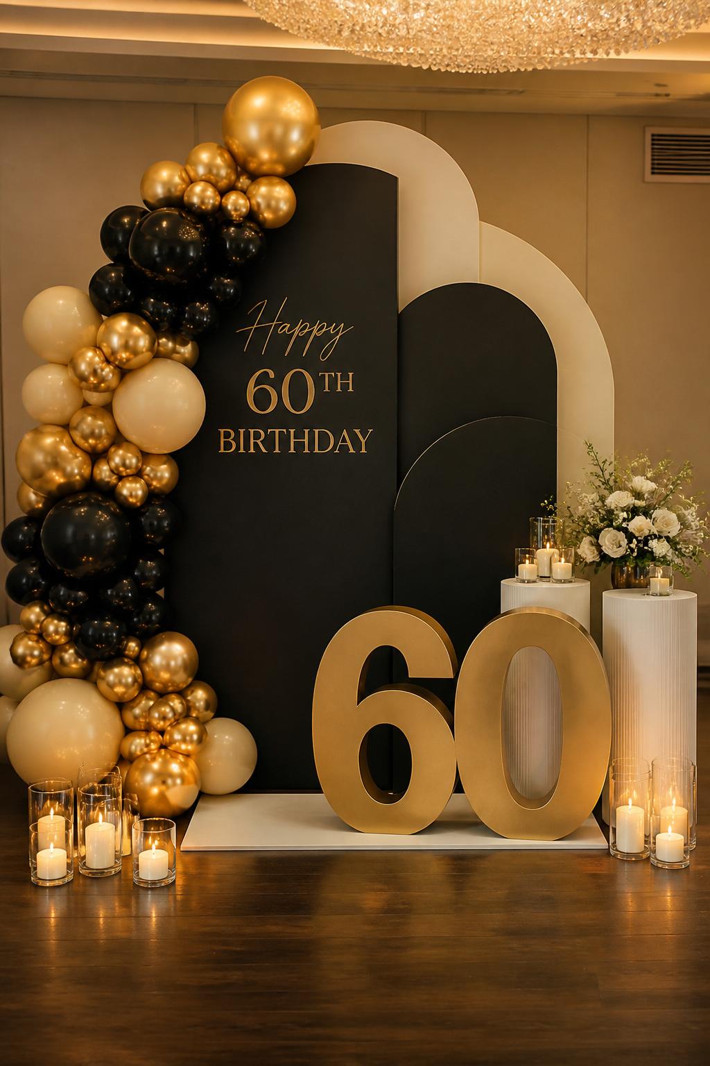 Image Prompt:
A single realistic editorial-style photo of a classy 60th birthday party backdrop with layered matte black and cream curved panels, metallic gold balloon garland wrapping one side, large sculptural gold number 60 props at the base, white plinths, candle clusters in glass holders, elegant indoor celebration setting, no people, no faces, warm soft lighting, realistic luxury event photography, no watermark.