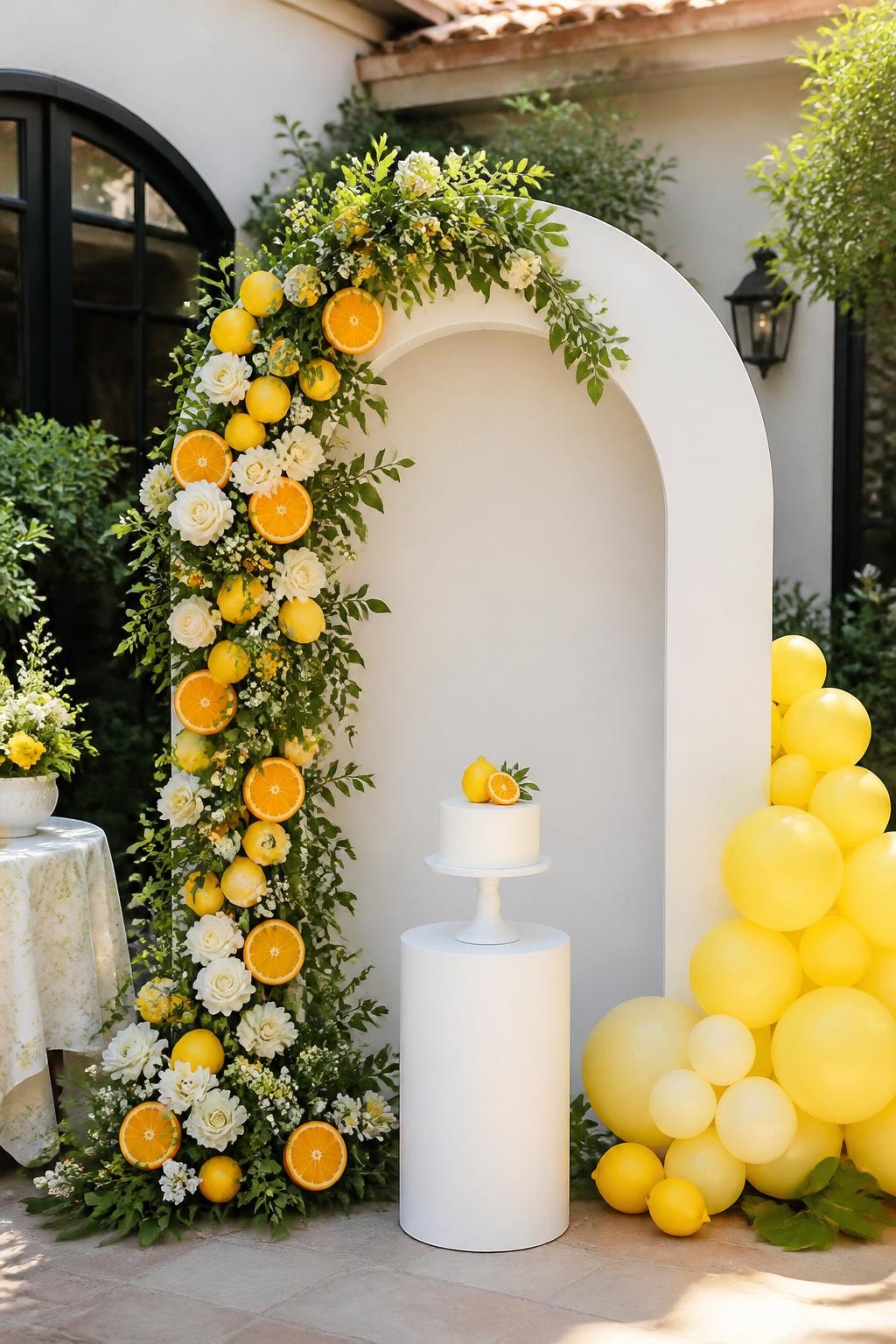 Image Prompt:
A single realistic photo of a citrus-inspired arch backdrop with a white arch frame decorated with lemon branches, orange slices, white flowers, greenery, and soft yellow balloon accents, a small white dessert pedestal in front, bright courtyard or garden party setting, no people, no faces, sunny natural lighting, realistic editorial party photography, no text, no watermark.