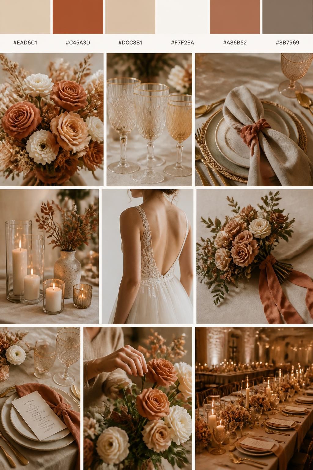 Image Prompt:
A realistic wedding inspiration mood board with a top strip of swatches and hex codes in champagne, terracotta, beige, ivory, clay, and warm taupe. Below, create a polished collage with terracotta flowers, champagne glassware, beige linens, candle holders, elegant table settings, a cropped dress shot from below the chin, hands arranging flowers, and candlelit reception decor. Use a mix of no-people flat lays, bouquet close-ups, back-view styling, and side-angle detail photos with no visible full faces. The mood should feel warm, earthy, and romantic with realistic DSLR photo quality. 9:16 vertical format. (no watermarks on images)